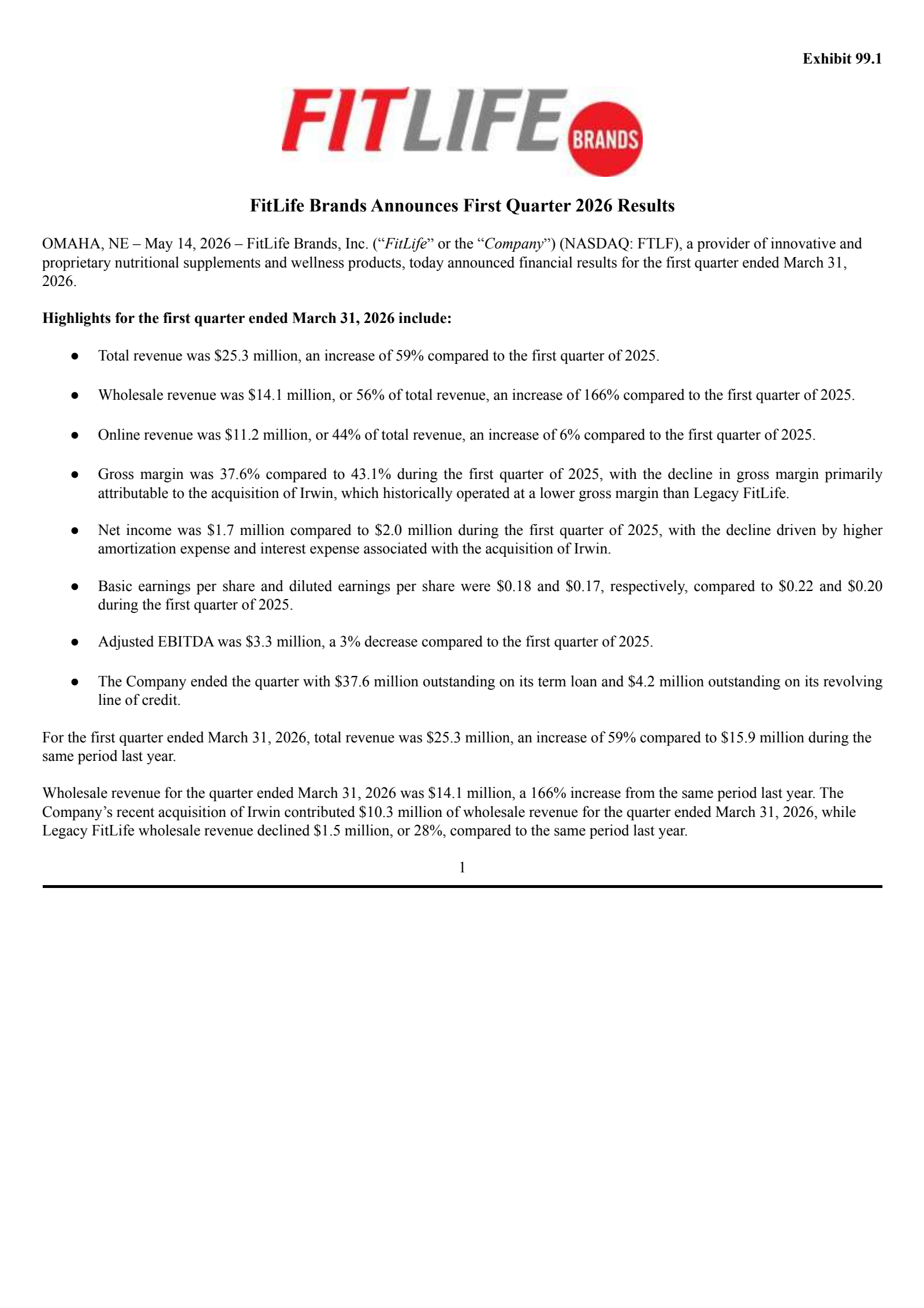 FitLife Brands' Q1 2026 Press Release