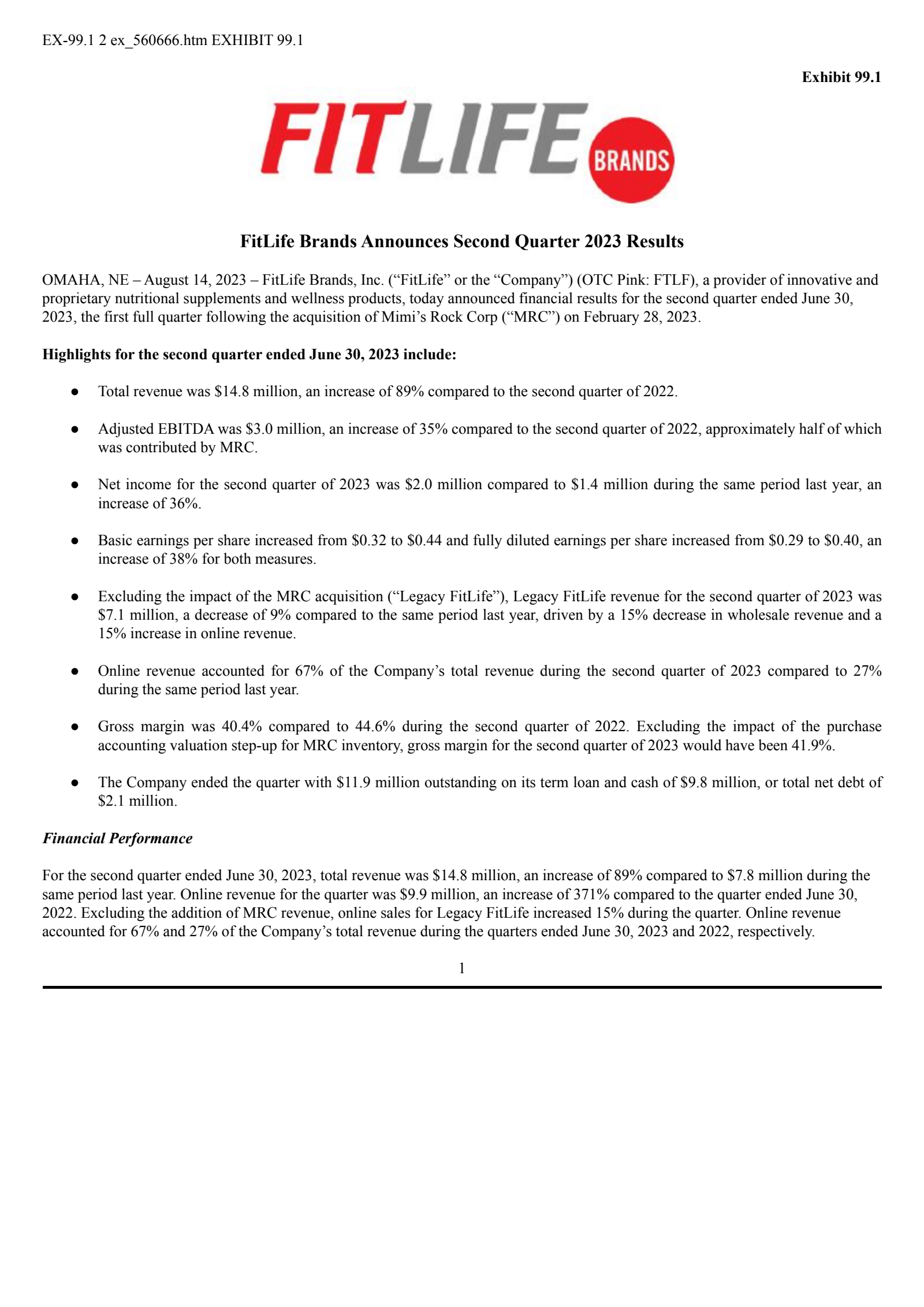 FitLife Brands' Q2 2023 Press Release