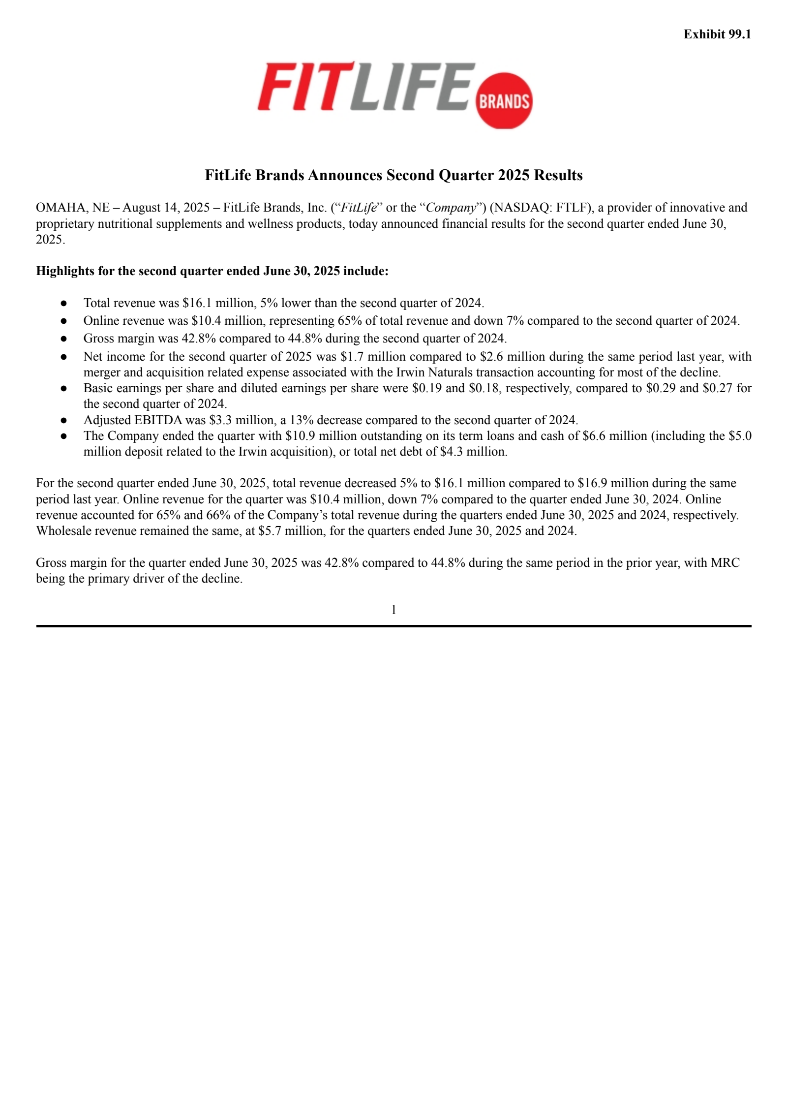 FitLife Brands' Q2 2025 Press Release