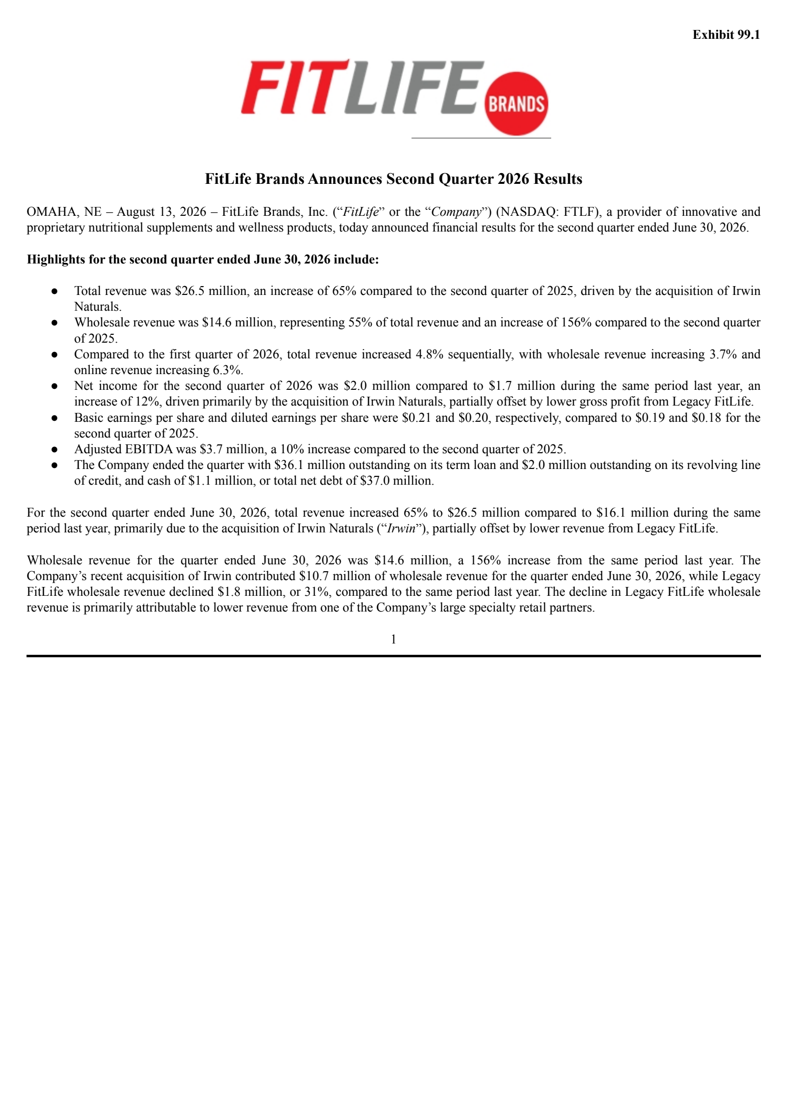 FitLife Brands' Q2 2026 Press Release