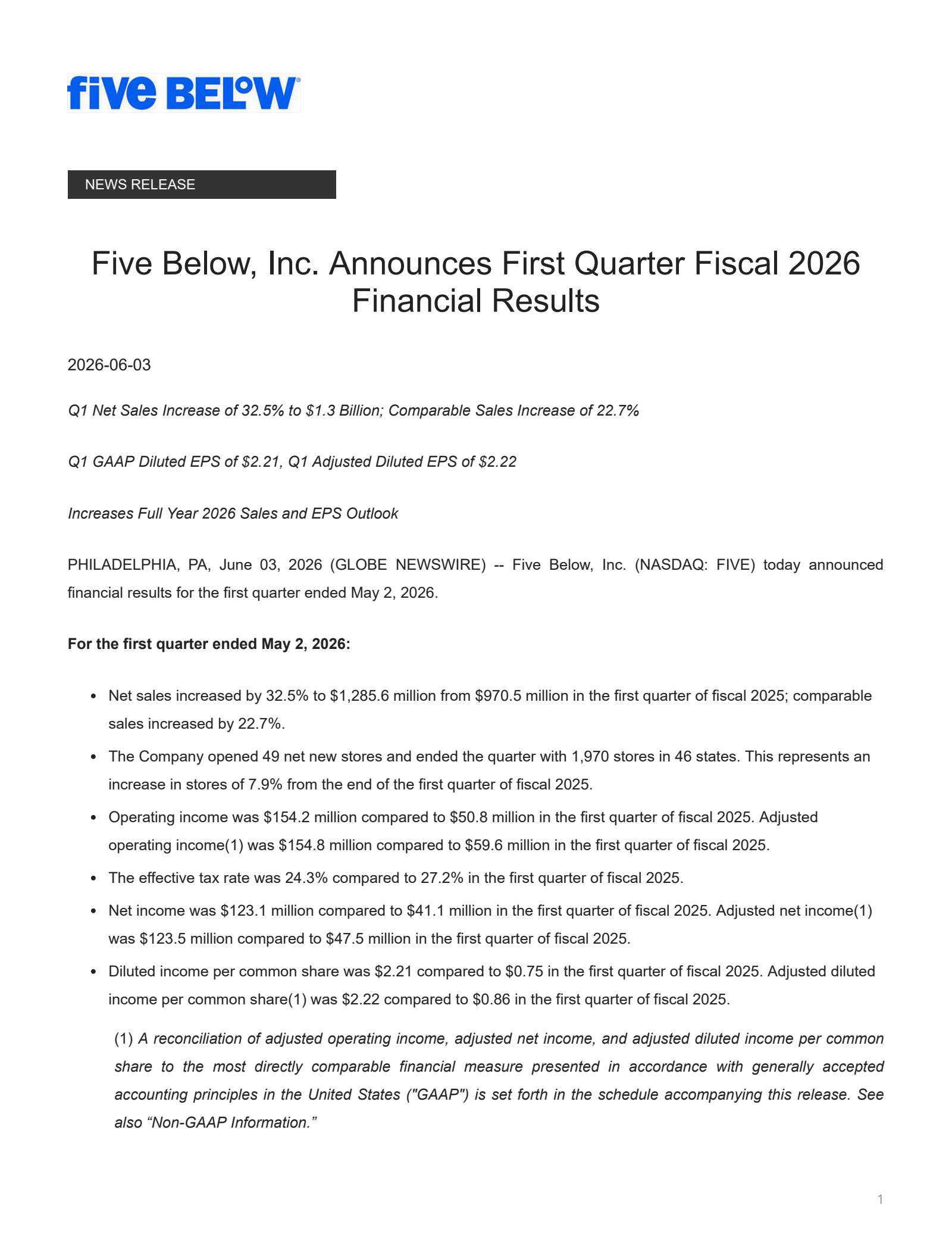Five Below's Q1 2026 Press Release