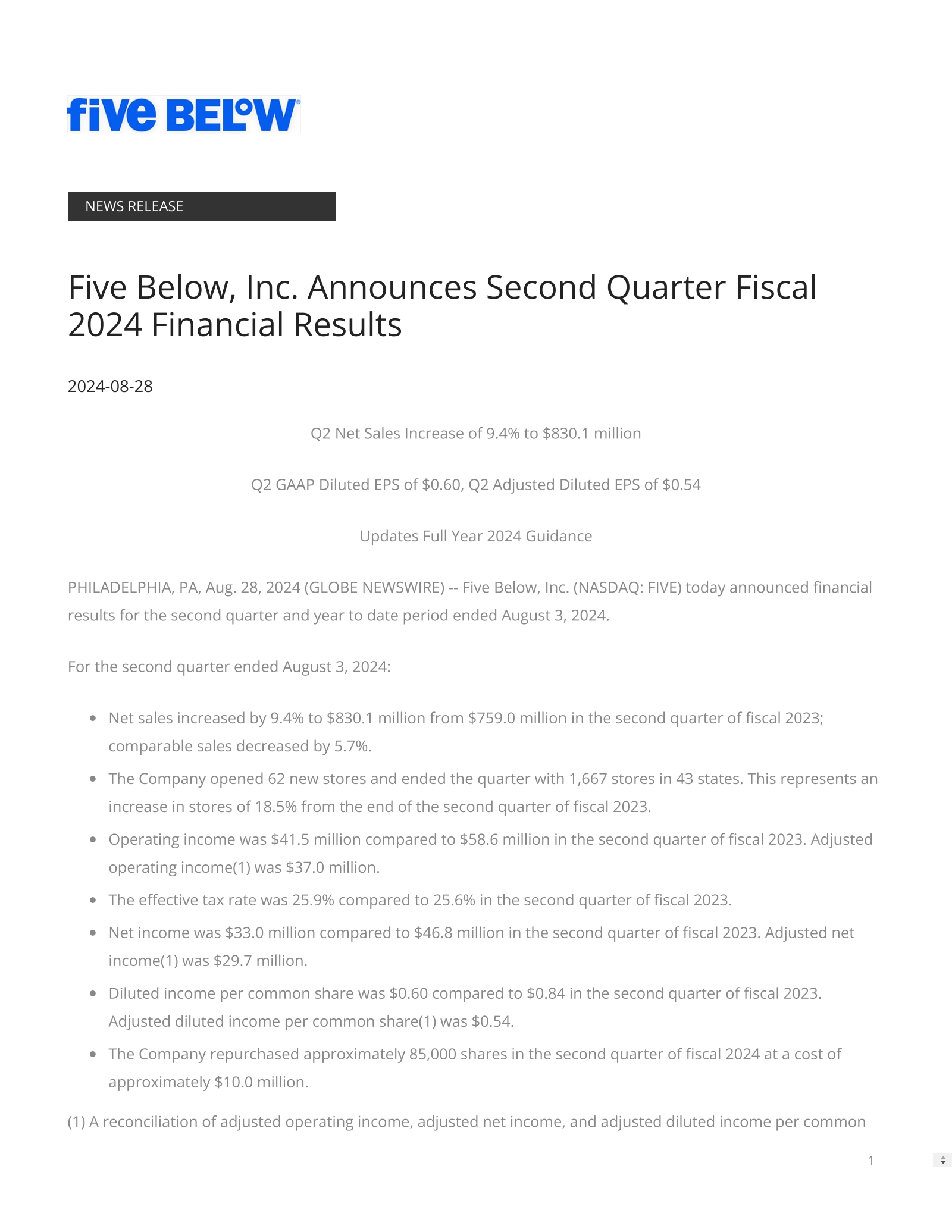 Five Below's Q2 2025 Press Release