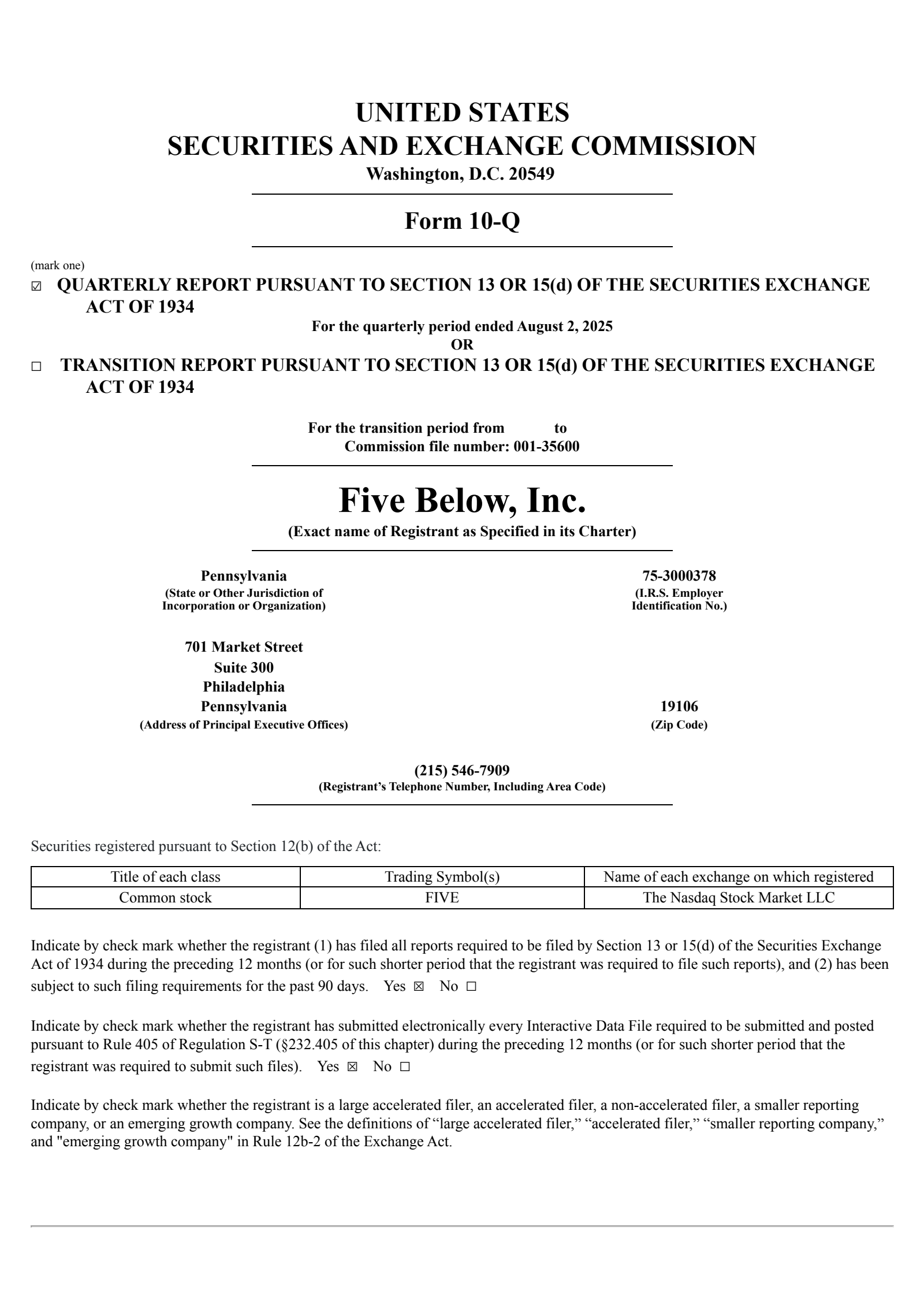 Five Below's Q2 2026 Quarterly report