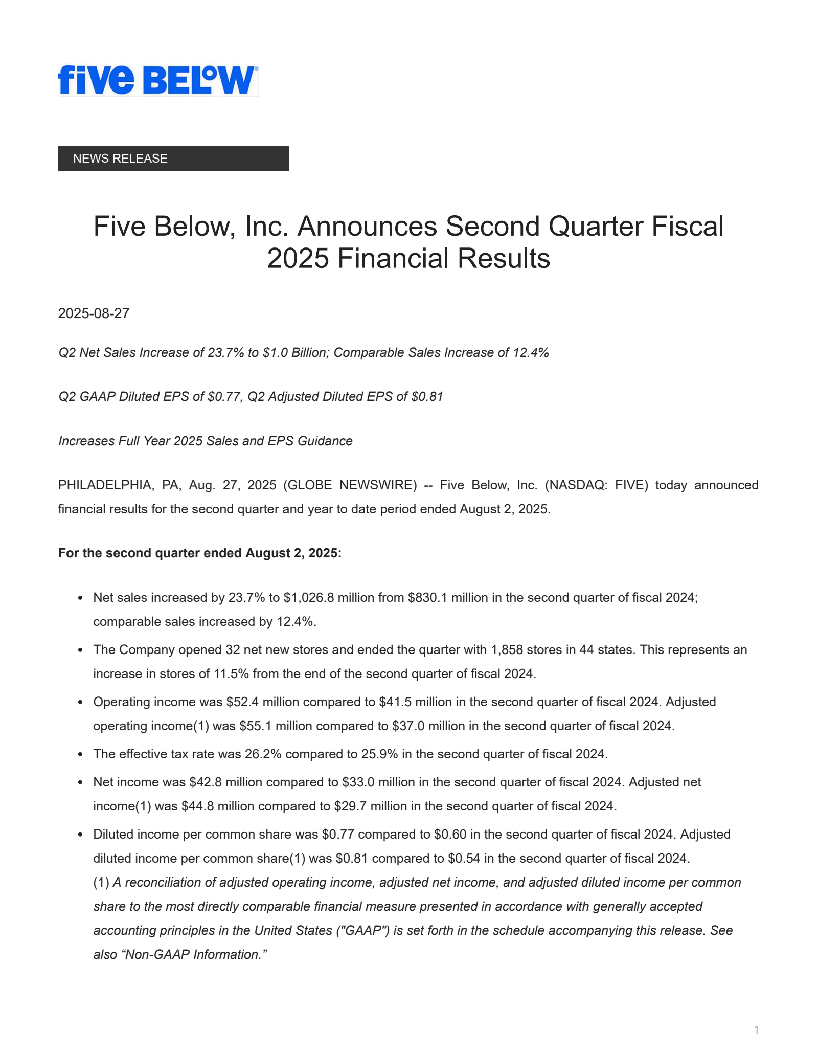 Five Below's Q2 2026 Press Release