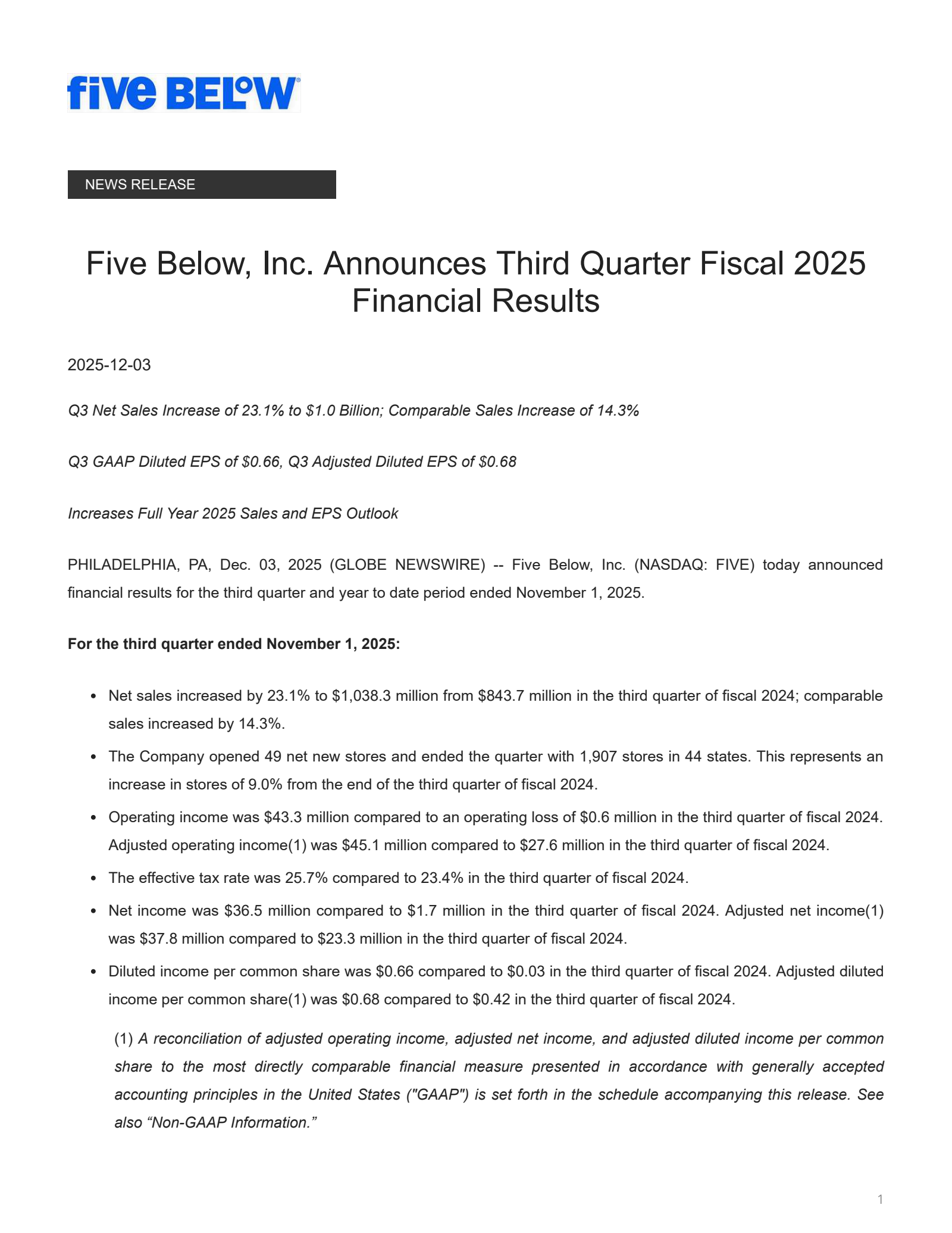 Five Below's Q3 2025 Earnings Release