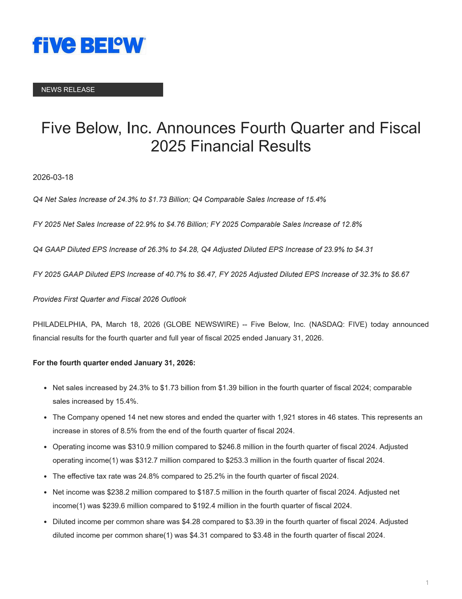 Five Below's Q4 2025 Press Release