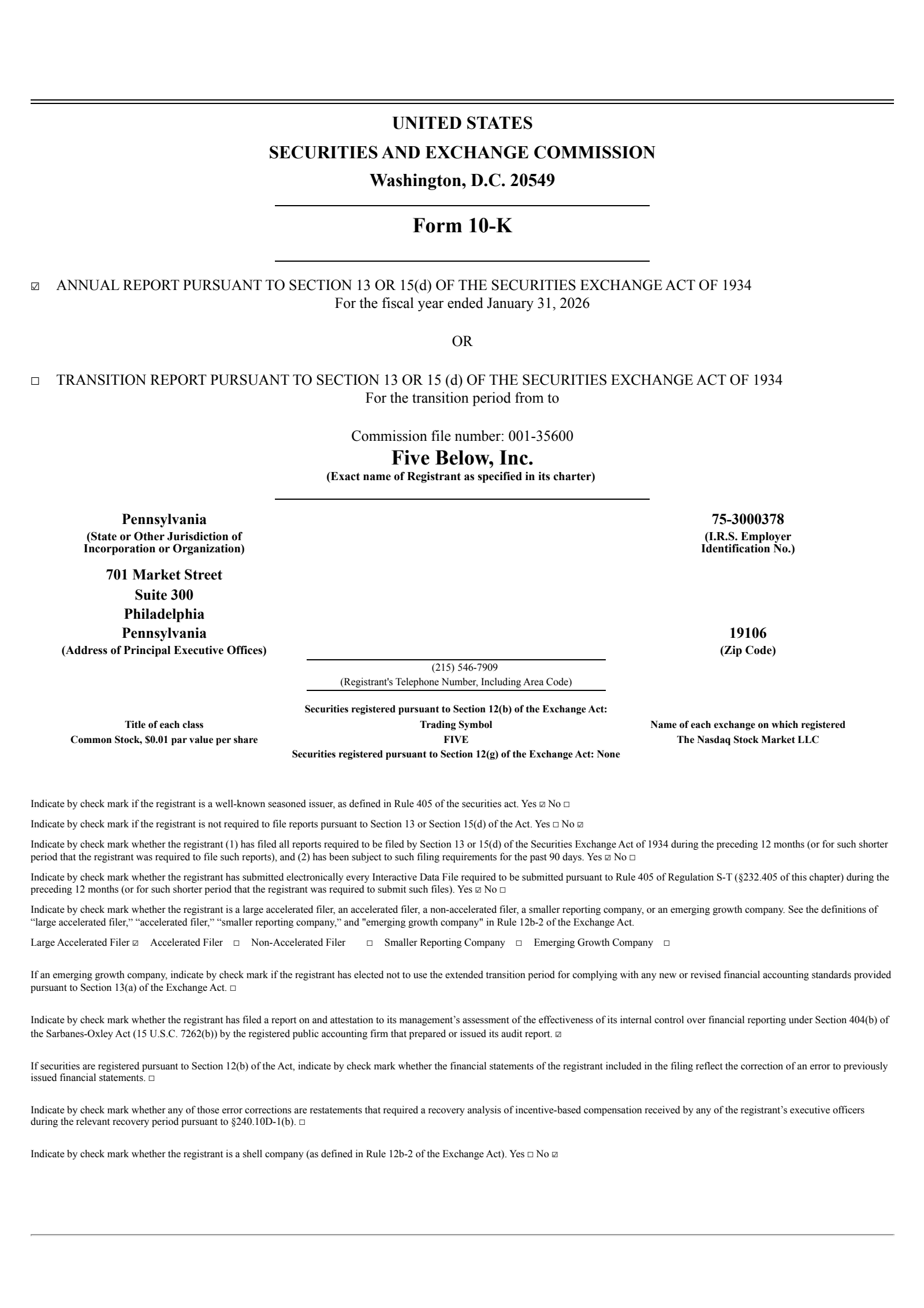 Five Below's Q4 2025 Annual report