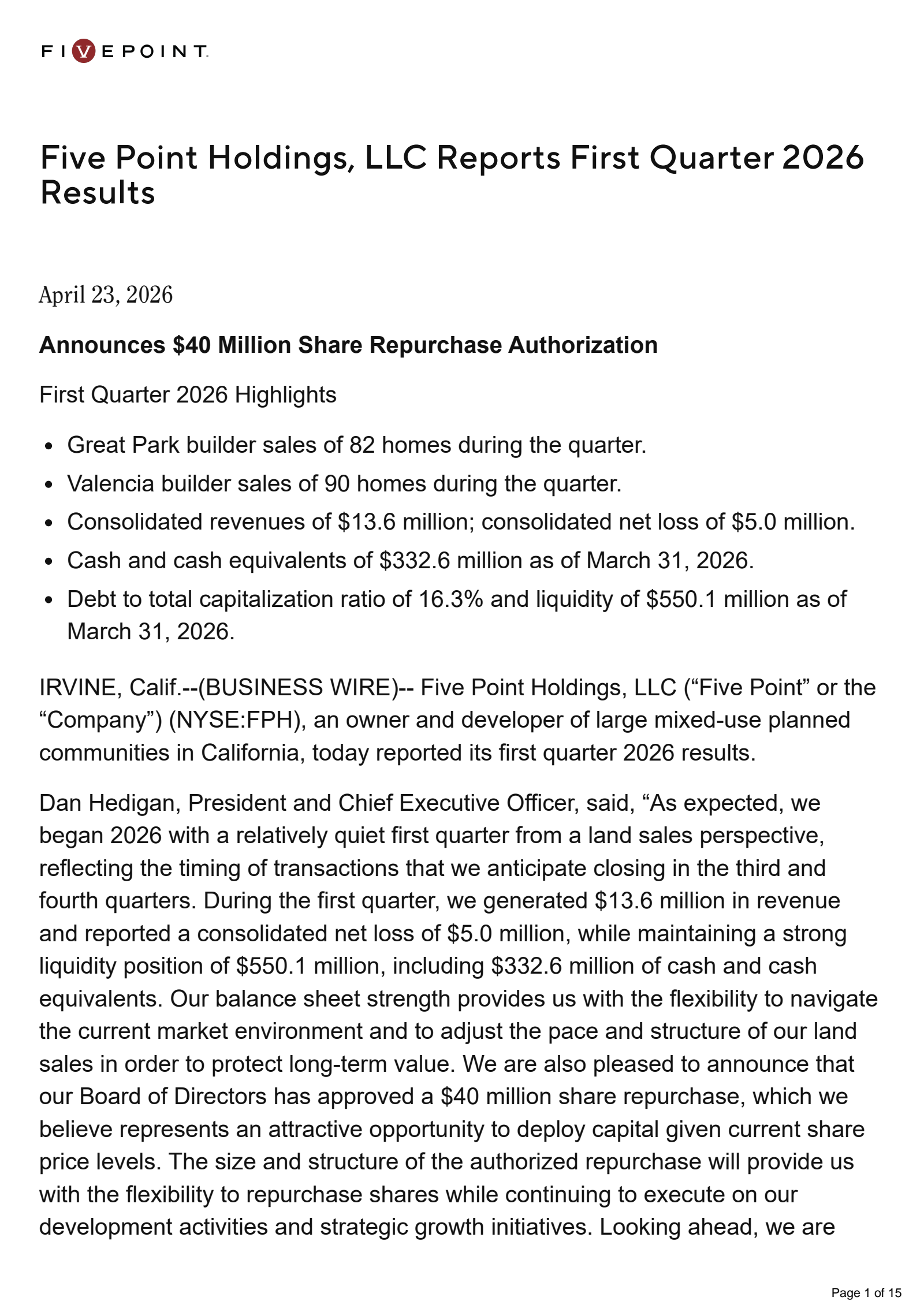 Five Point's Q1 2026 Press Release