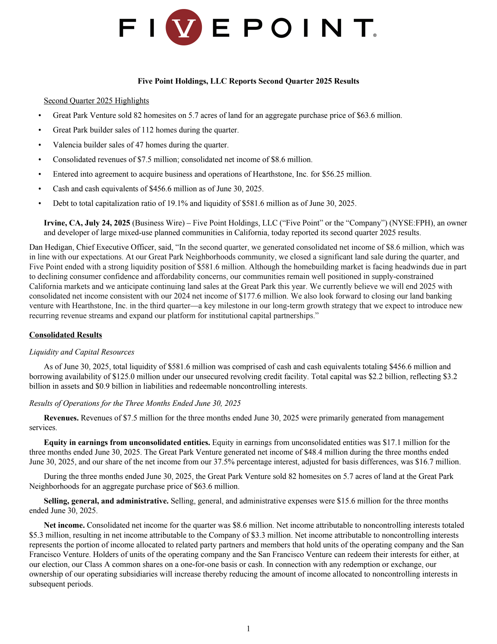 Five Point's Q2 2025 Press Release