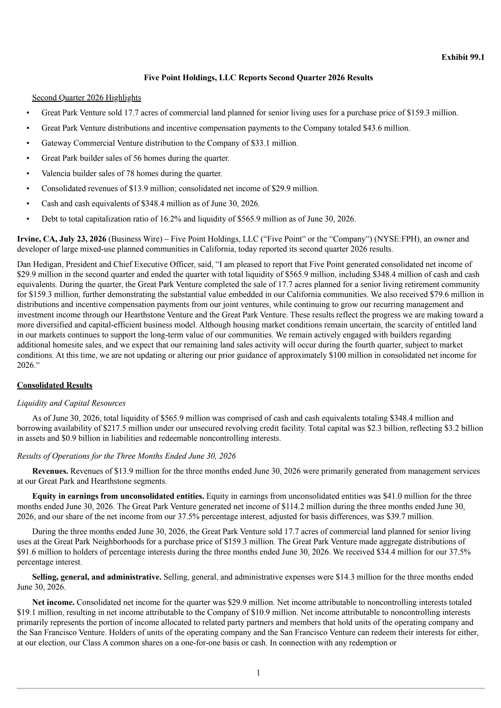 Five Point's Q2 2026 Press Release