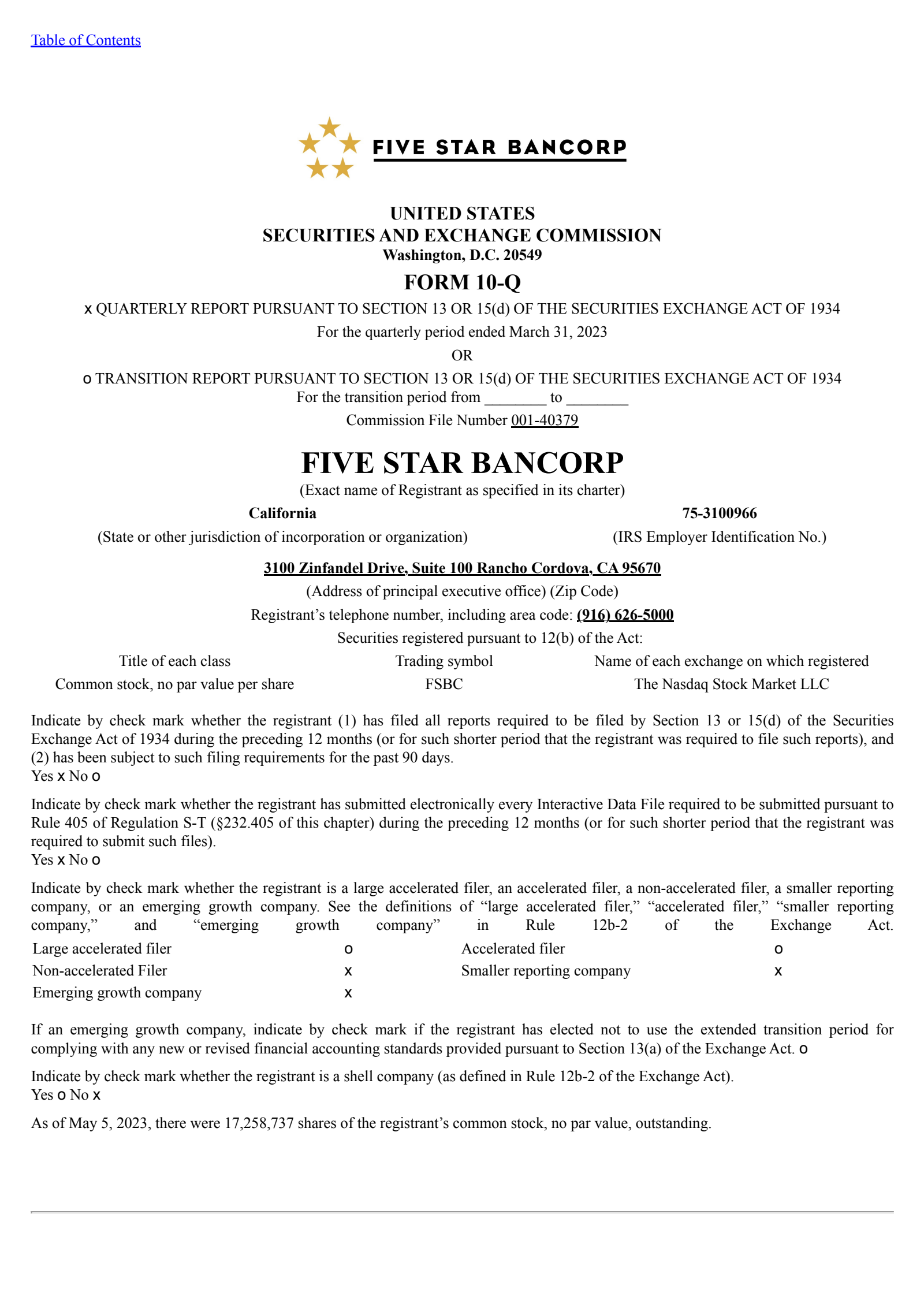 Five Star Bancorp's Q1 2023 Quarterly report