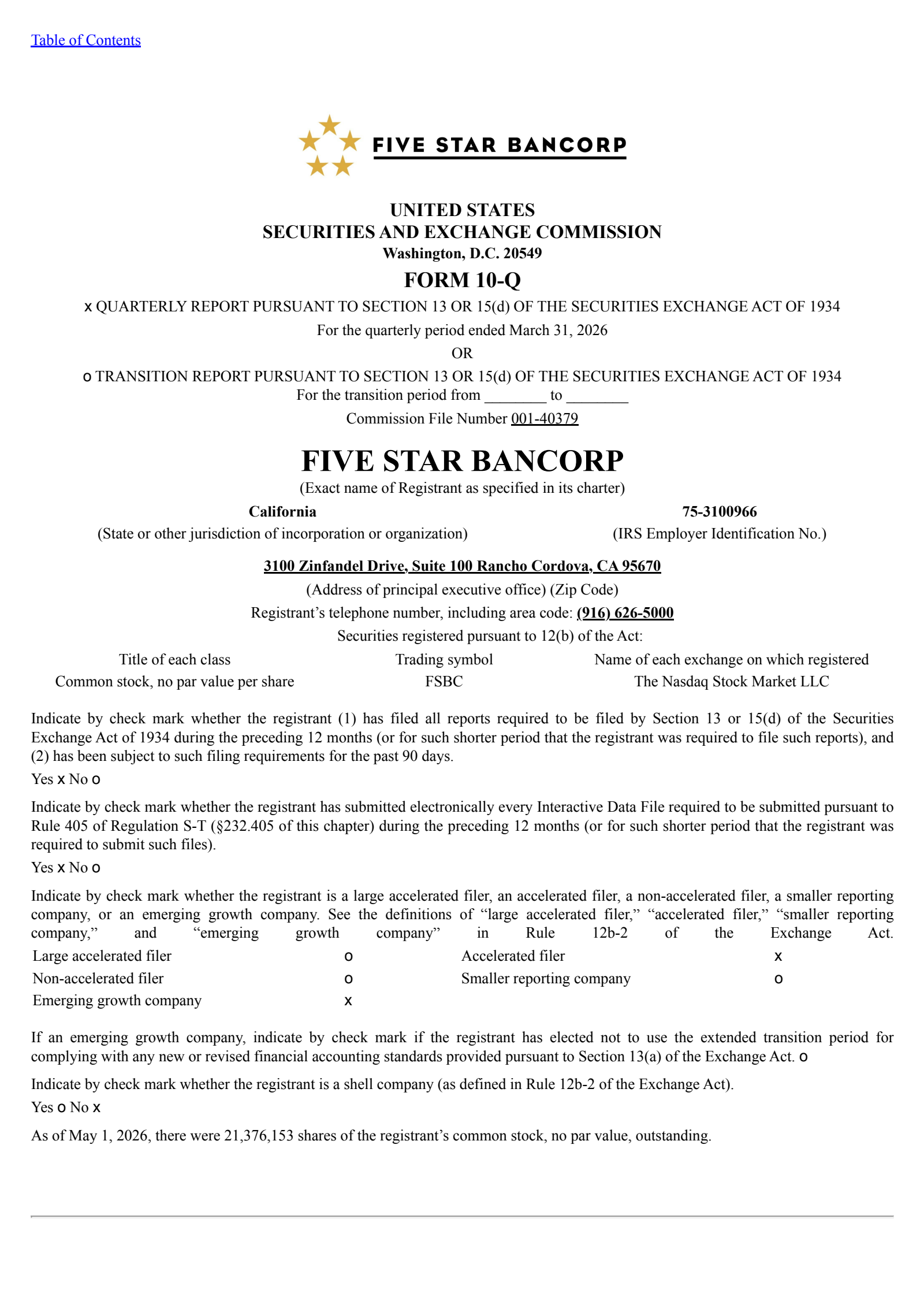 Five Star Bancorp's Q1 2026 Quarterly report