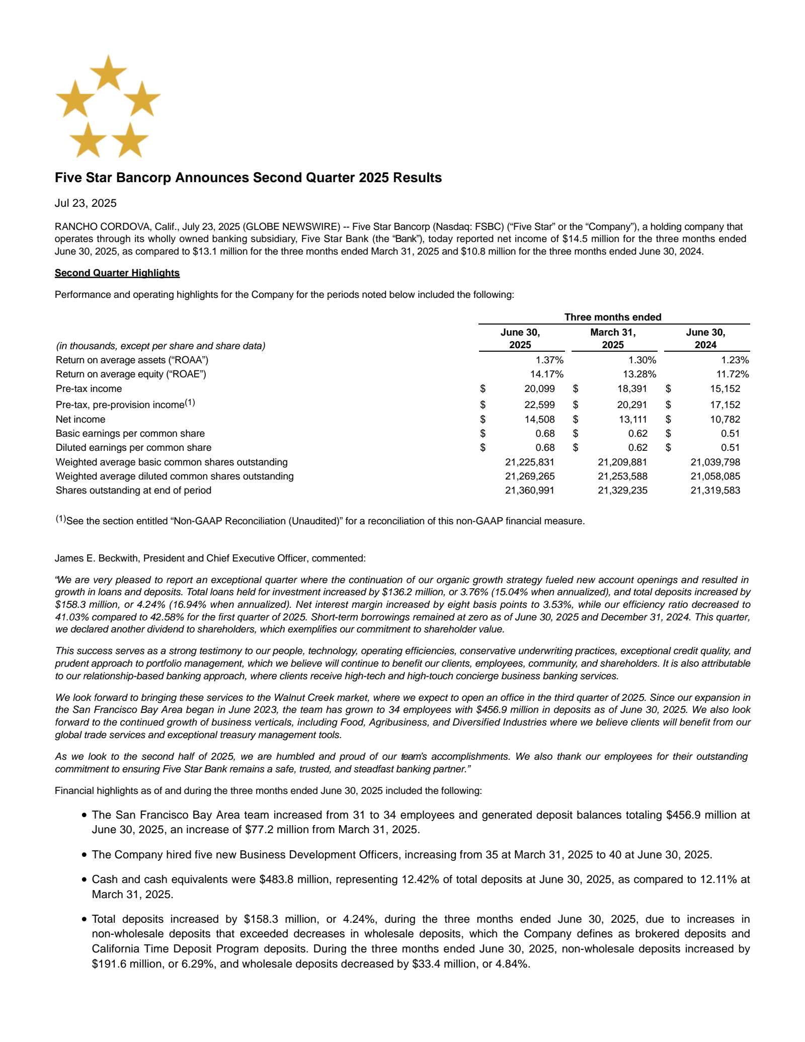 Five Star Bancorp's Q2 2025 Press Release