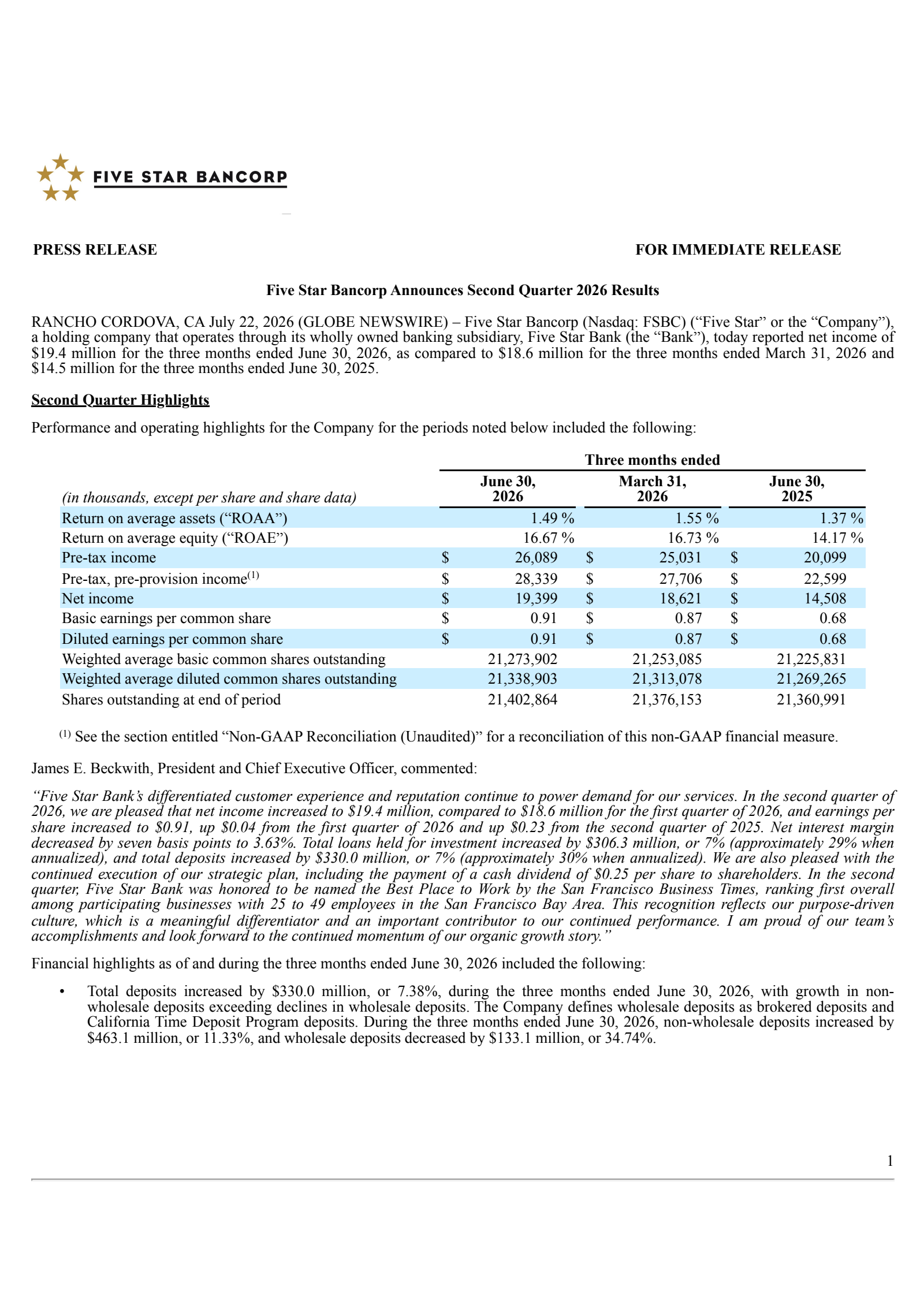 Five Star Bancorp's Q2 2026 Press Release