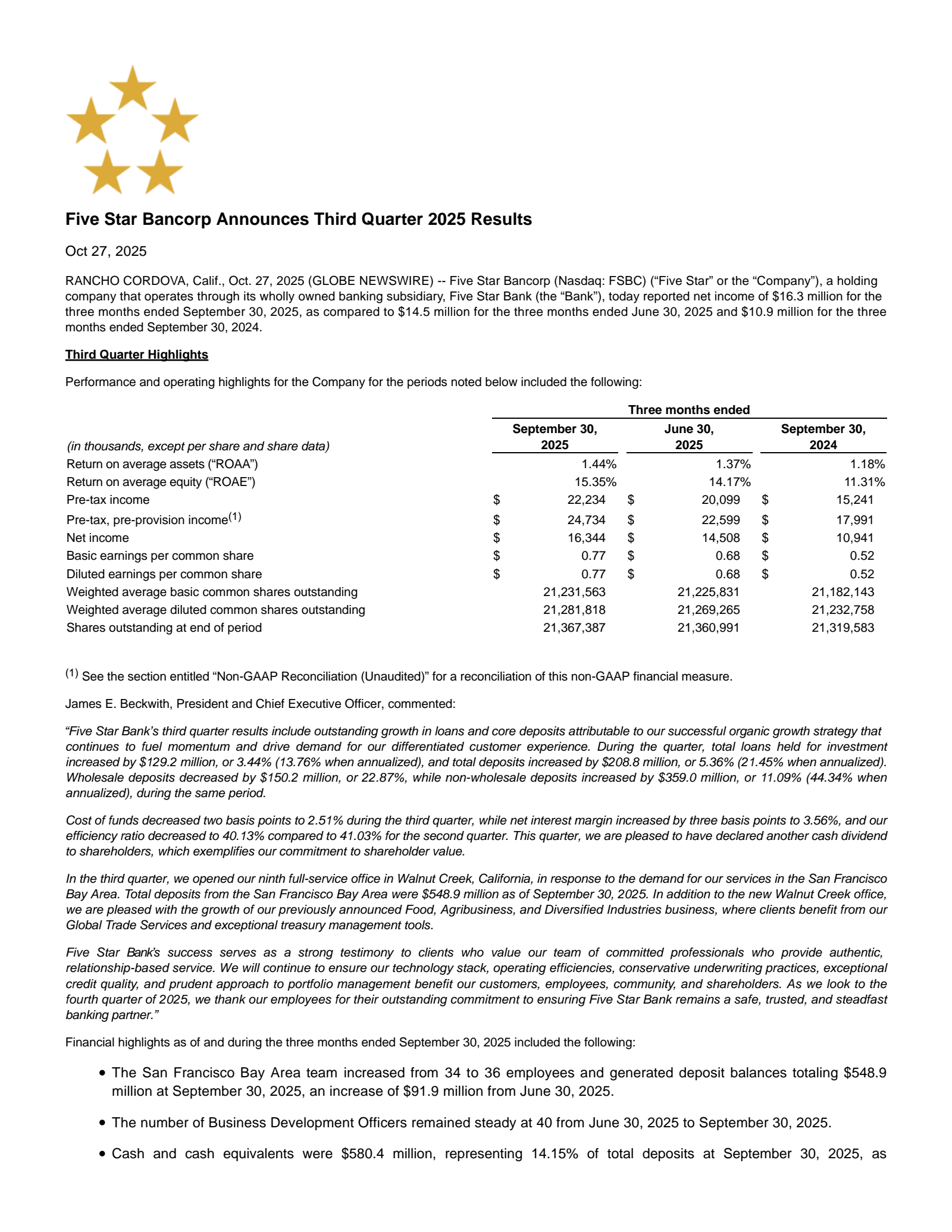 Five Star Bancorp's Q3 2025 Earnings Release
