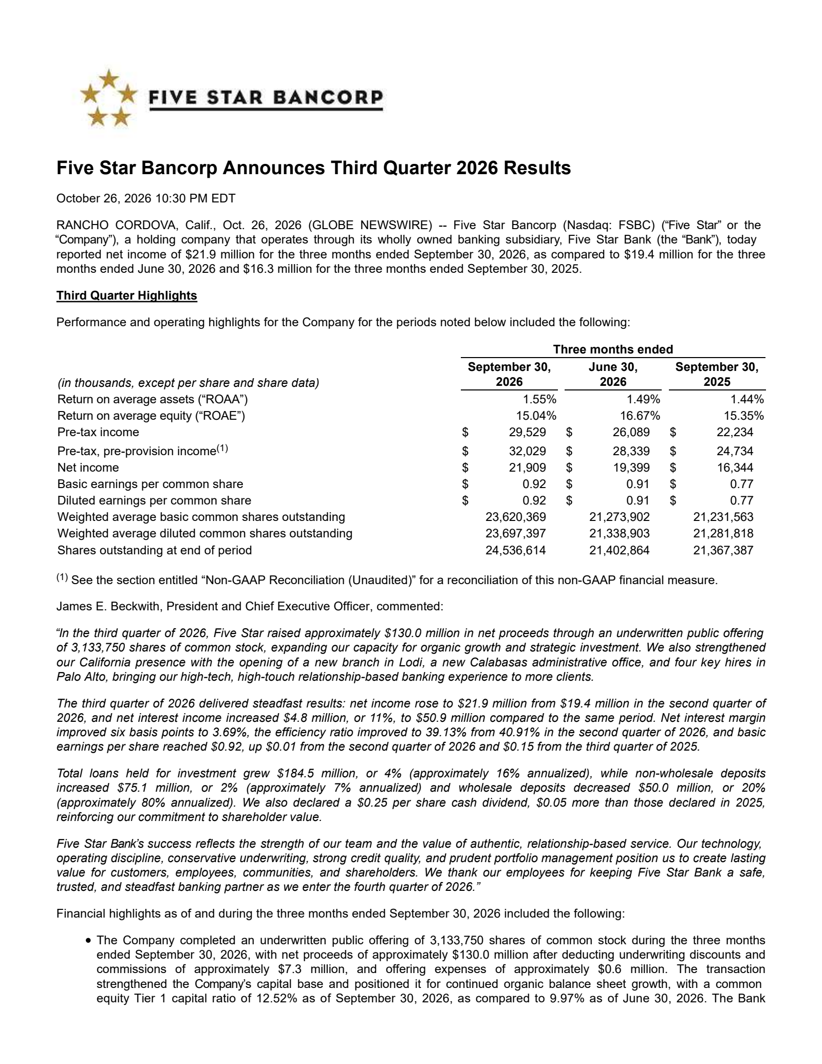 Five Star Bancorp's Q3 2026 Press Release