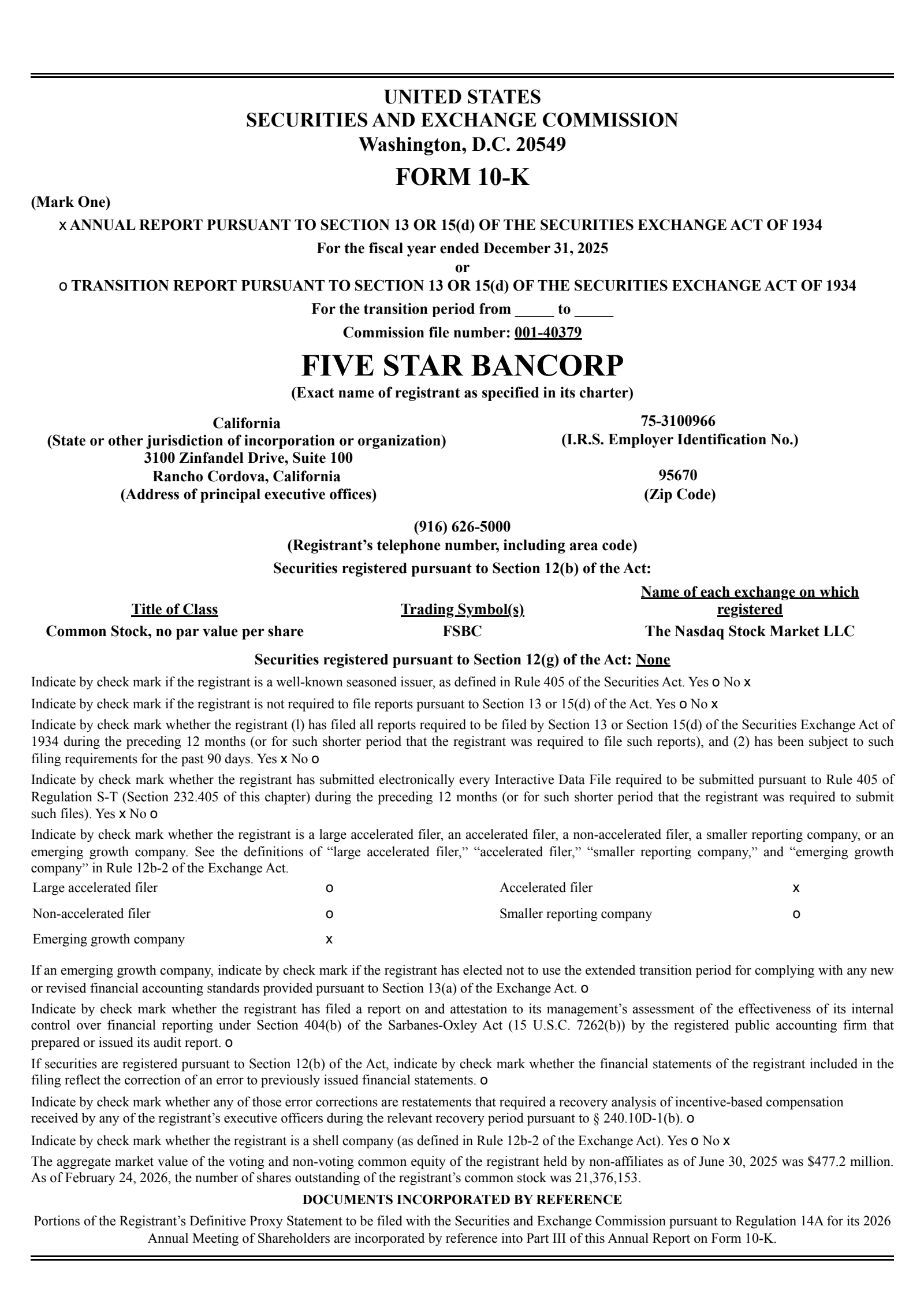 Five Star Bancorp's Q4 2025 Annual report