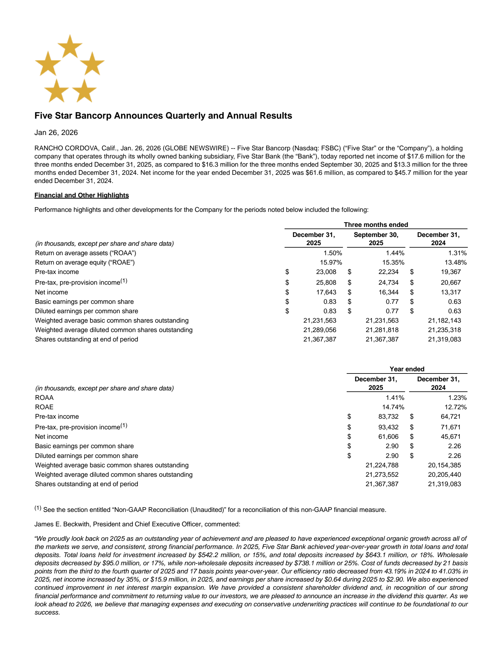 Five Star Bancorp's Q4 2025 Press Release