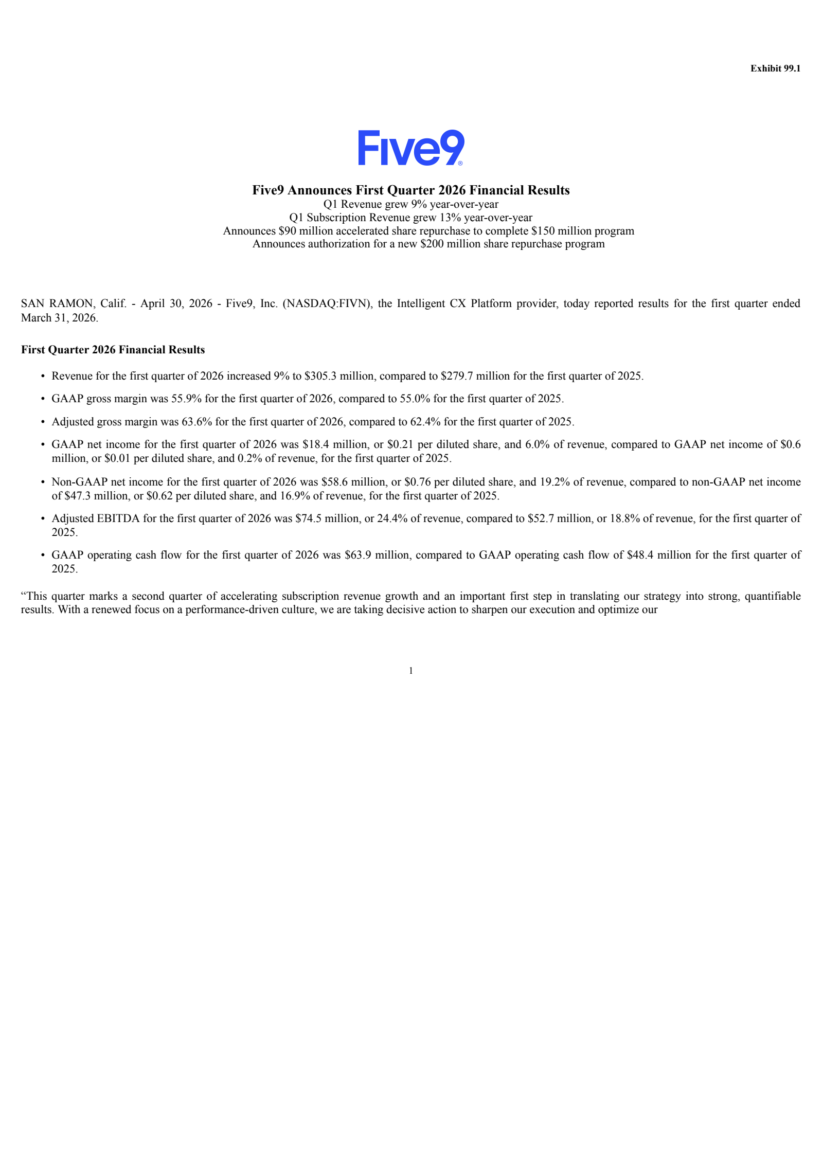 Five9's Q1 2026 Press Release