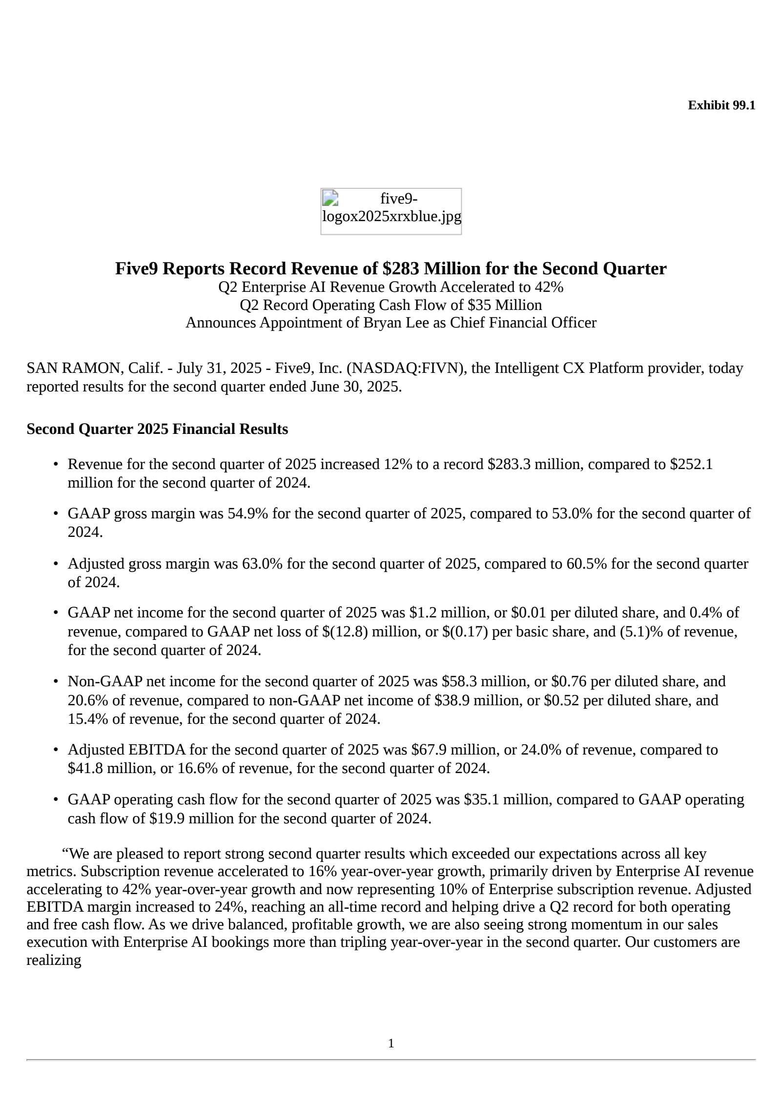 Five9's Q2 2025 Press Release