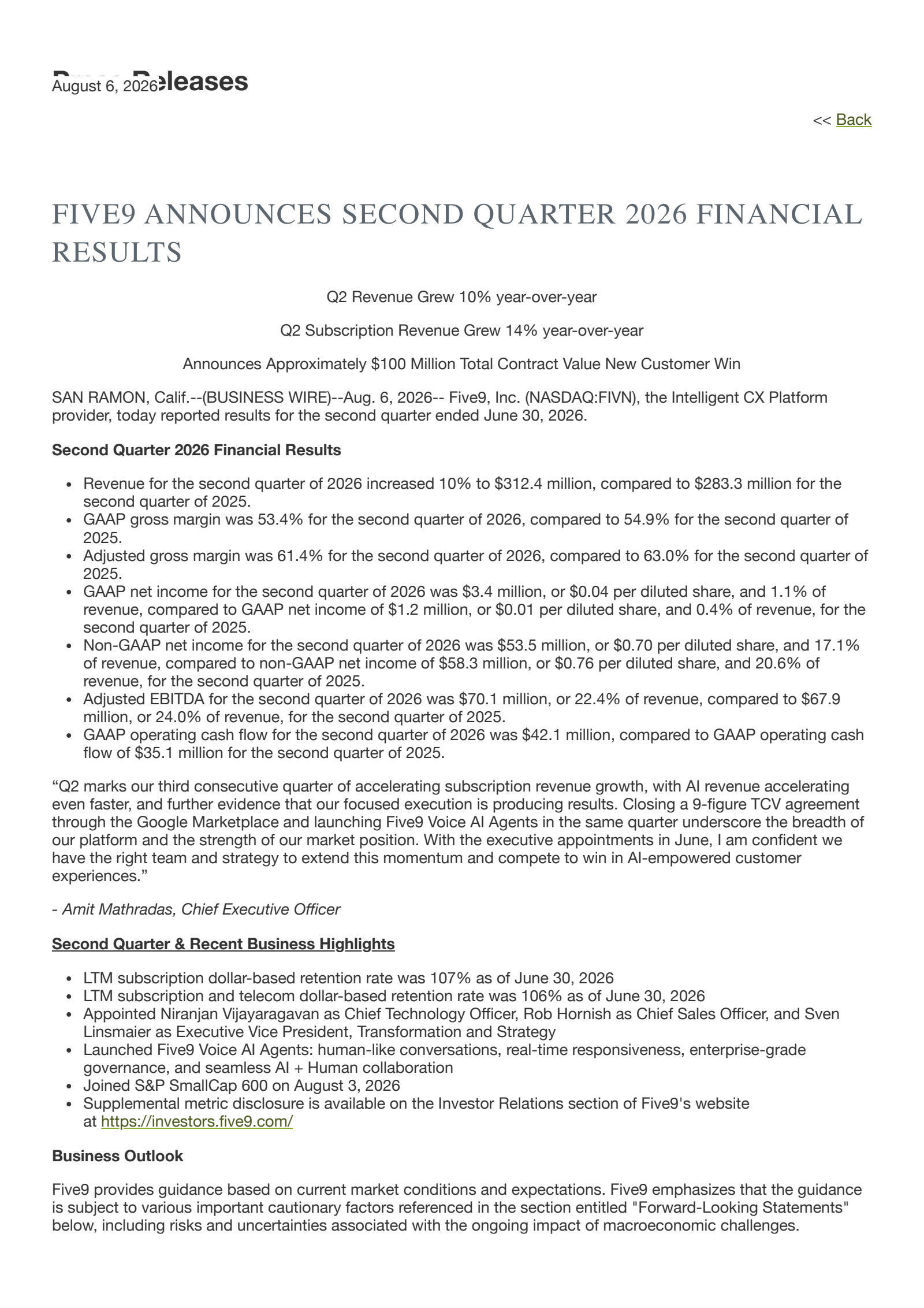 Five9's Q2 2026 Press Release