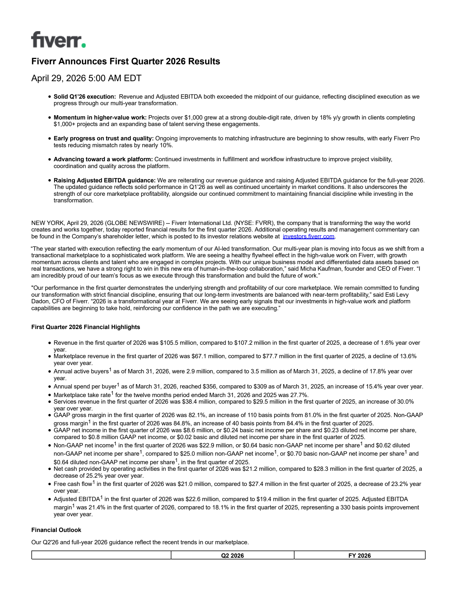 Fiverr International's Q1 2026 Press Release
