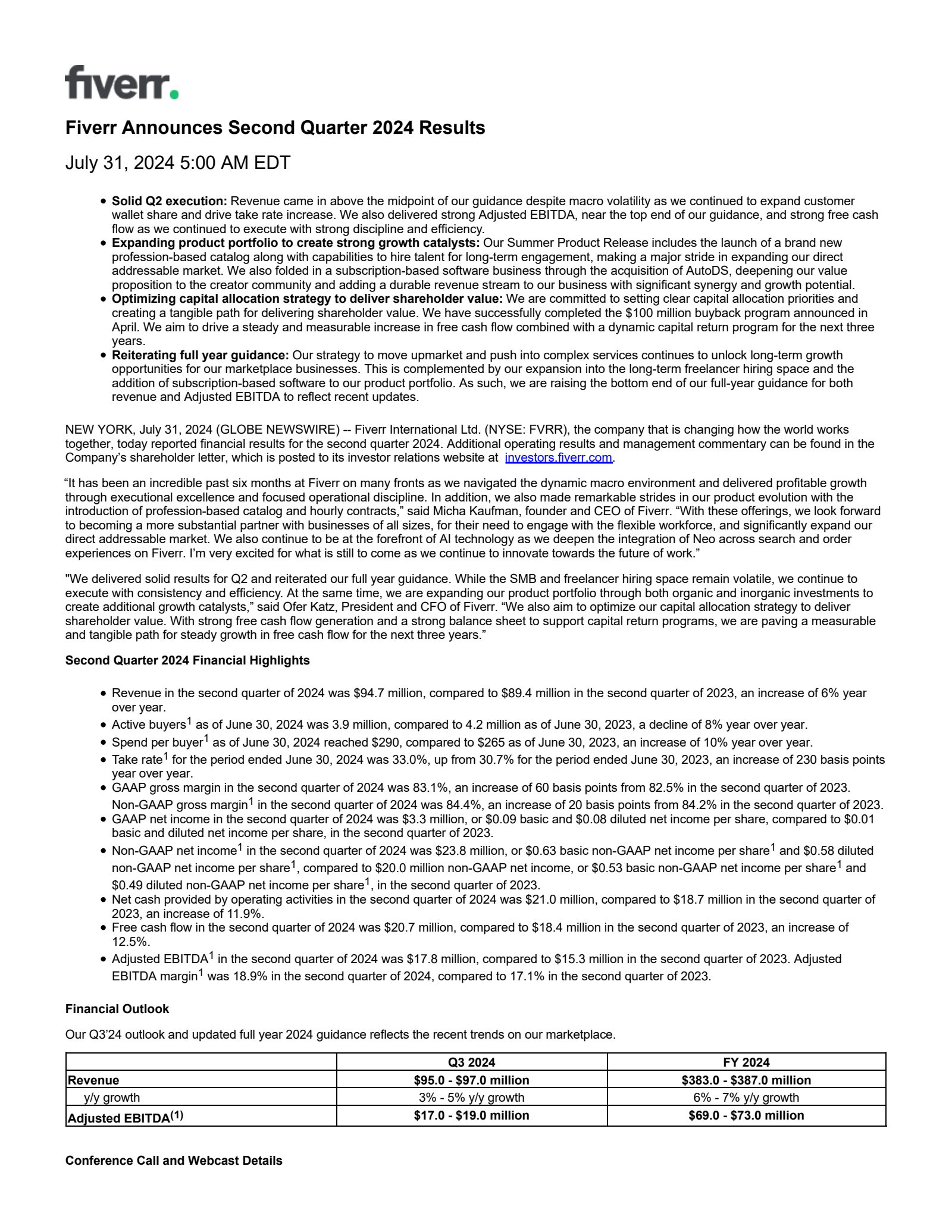 Fiverr International's Q2 2024 Earnings Release