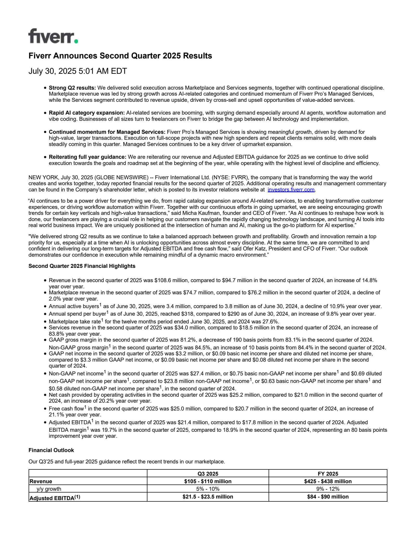 Fiverr International's Q2 2025 Press Release