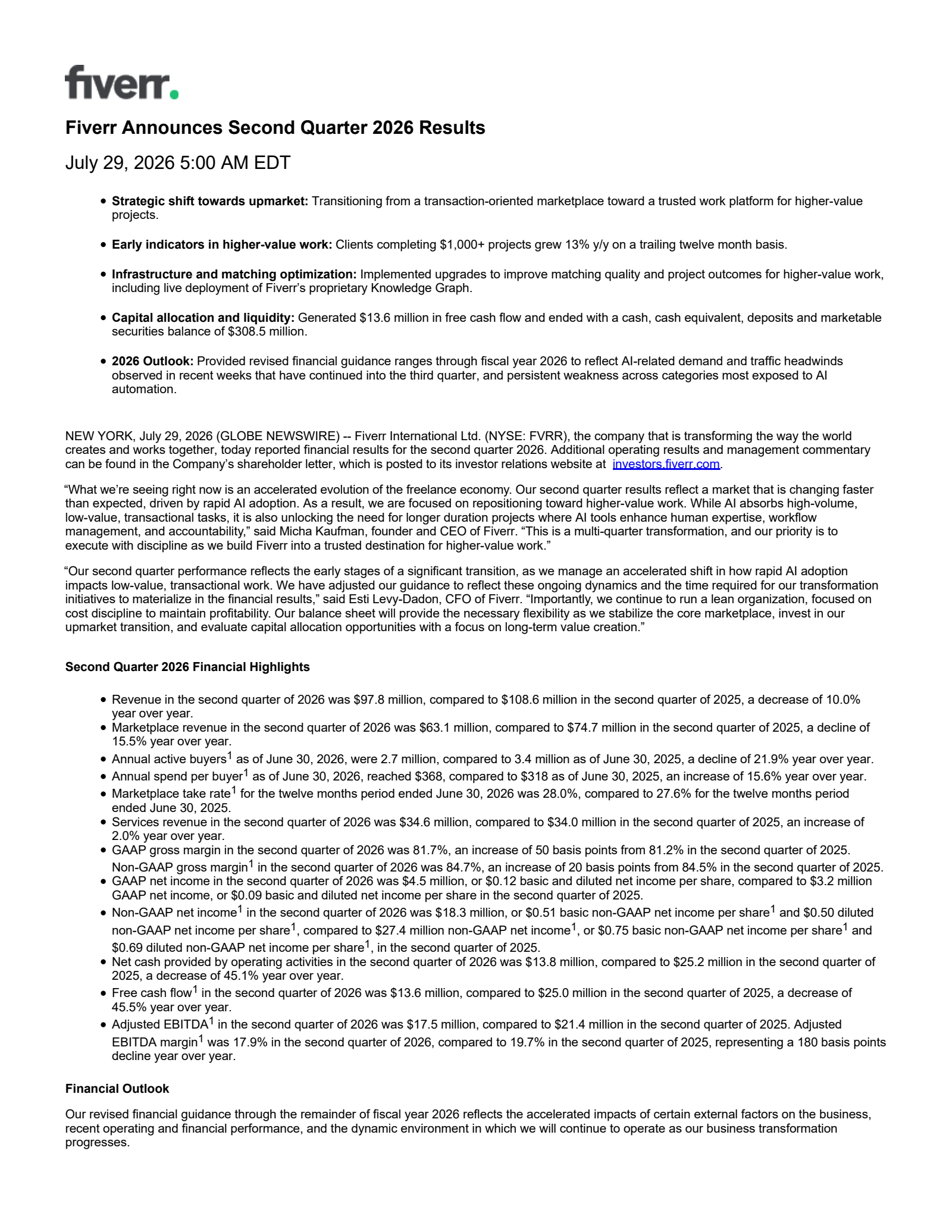 Fiverr International's Q2 2026 Press Release