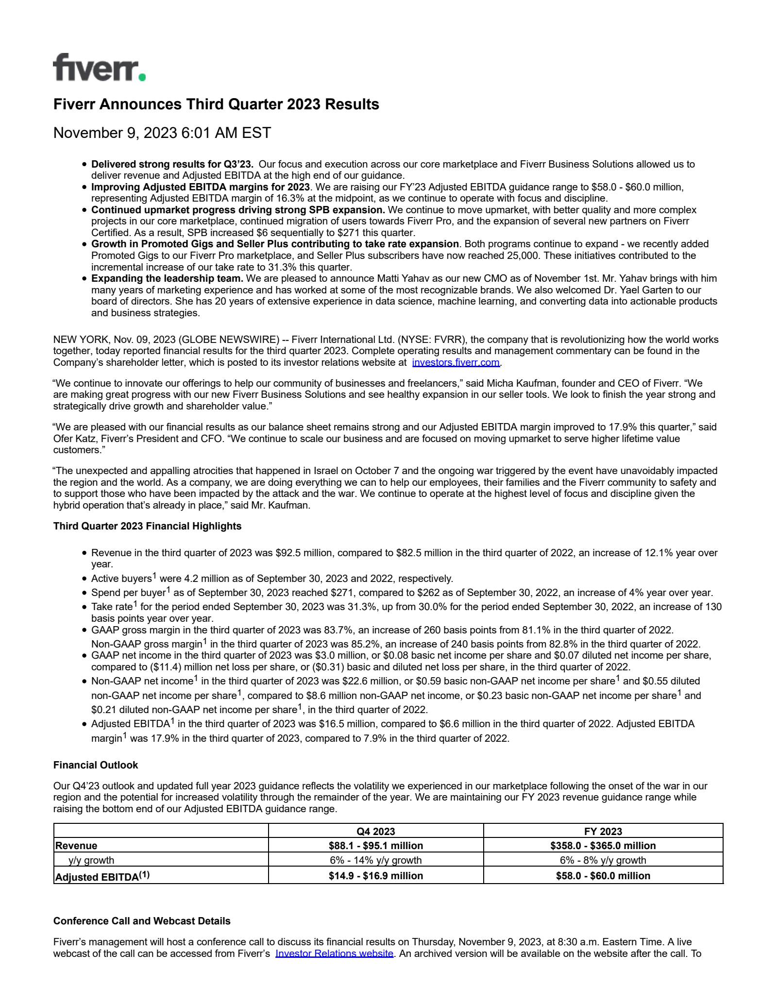 Fiverr International's Q3 2023 Earnings Release