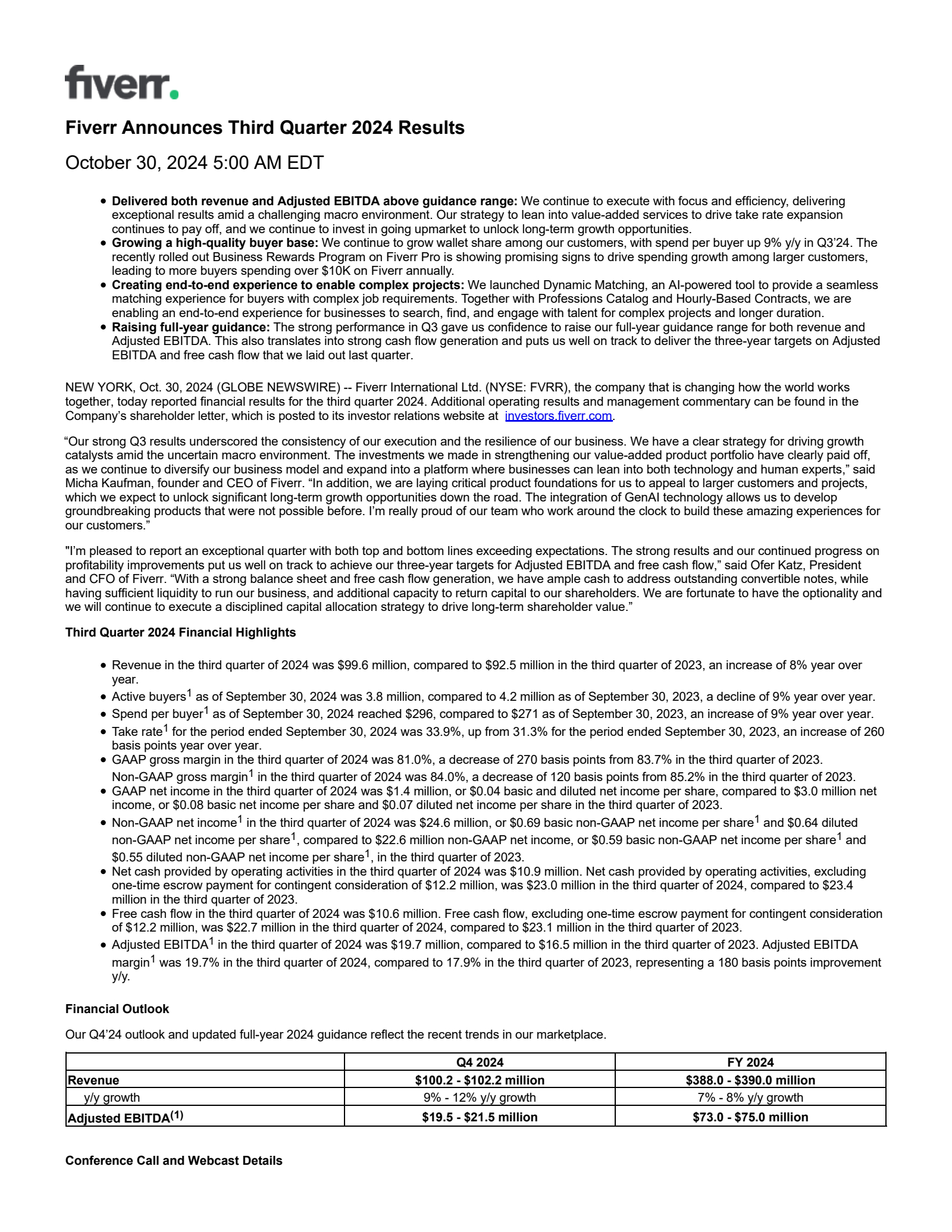 Fiverr International's Q3 2024 Earnings Release