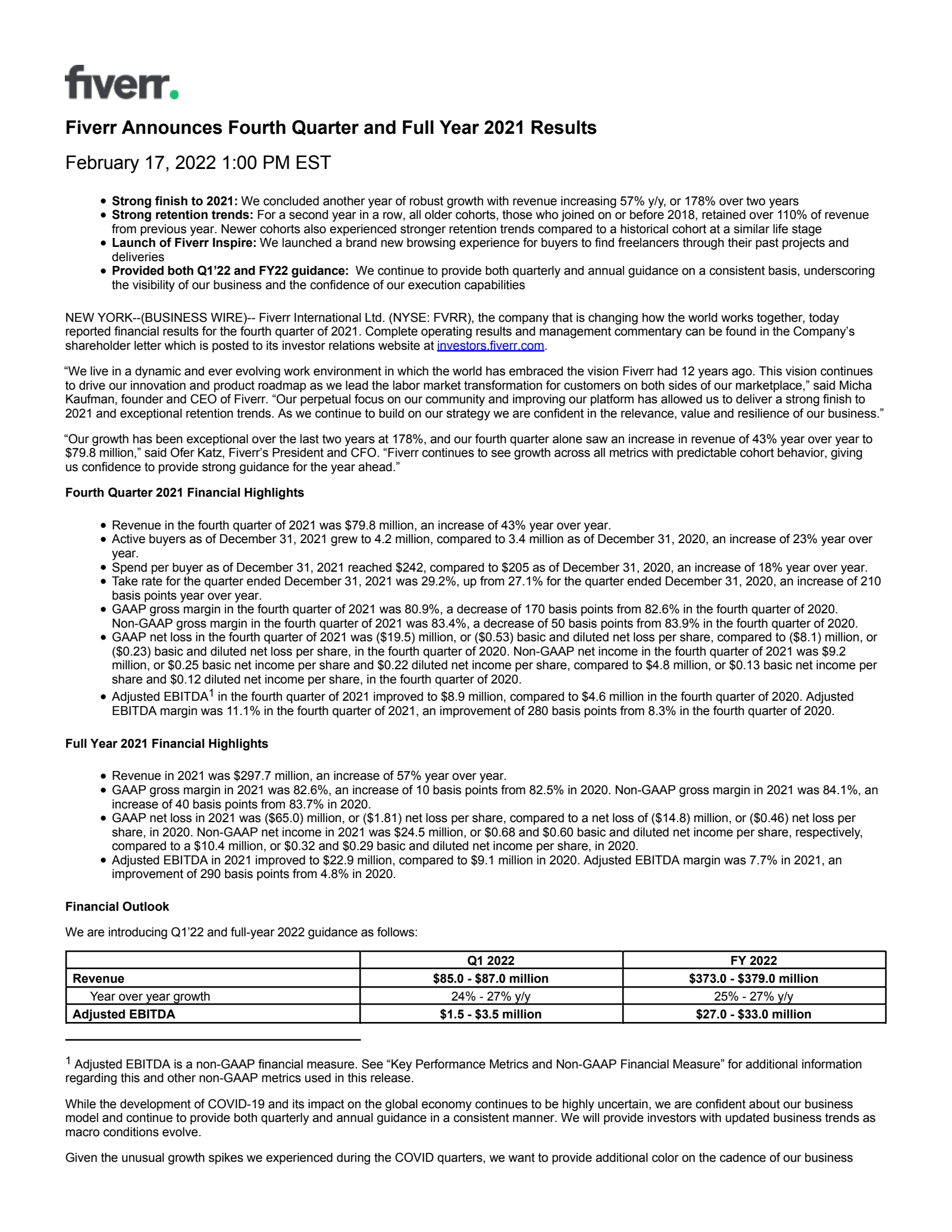 Fiverr International's Q4 2021 Earnings Release