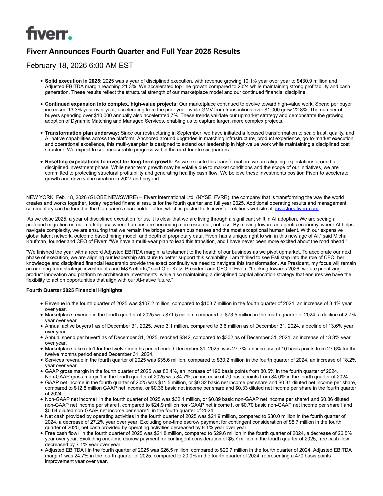Fiverr International's Q4 2025 Press Release