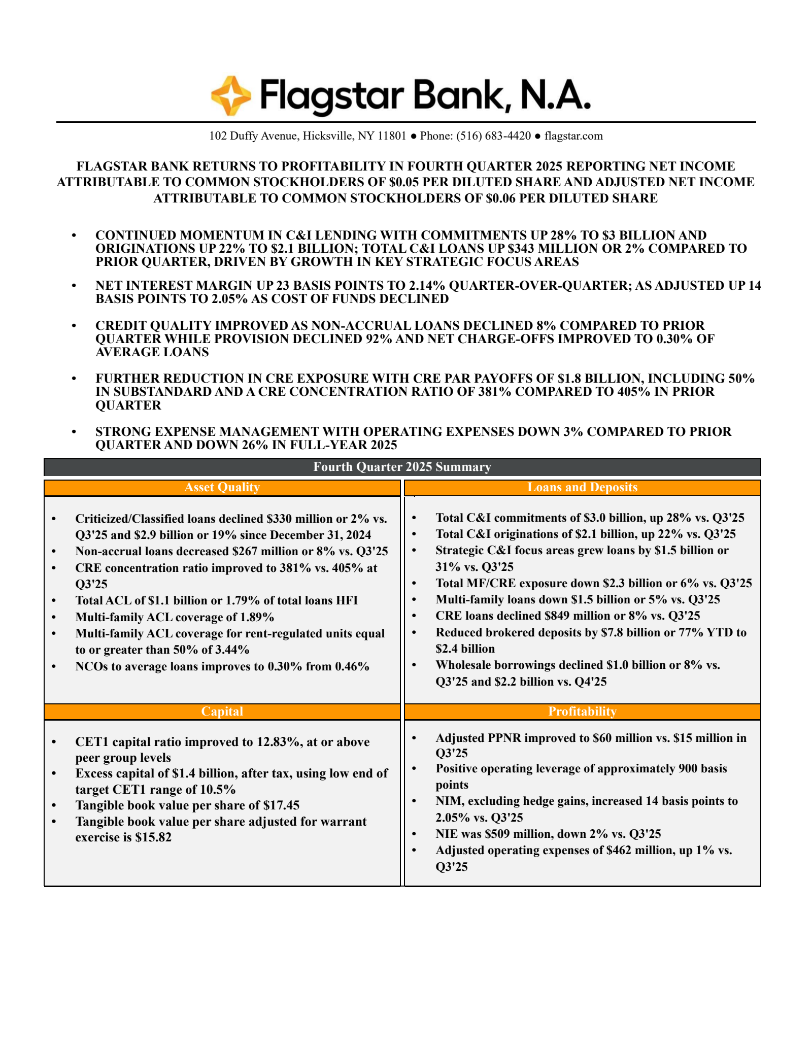 Flagstar Bank, National Association's Q4 2025 Press Release