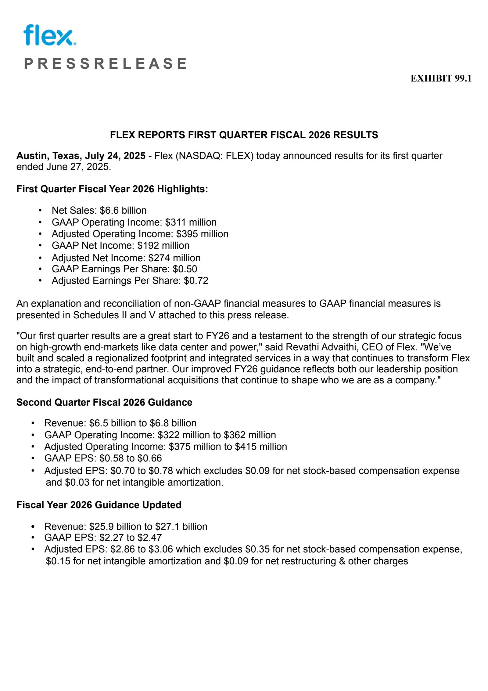 Flex's Q1 2026 Press Release