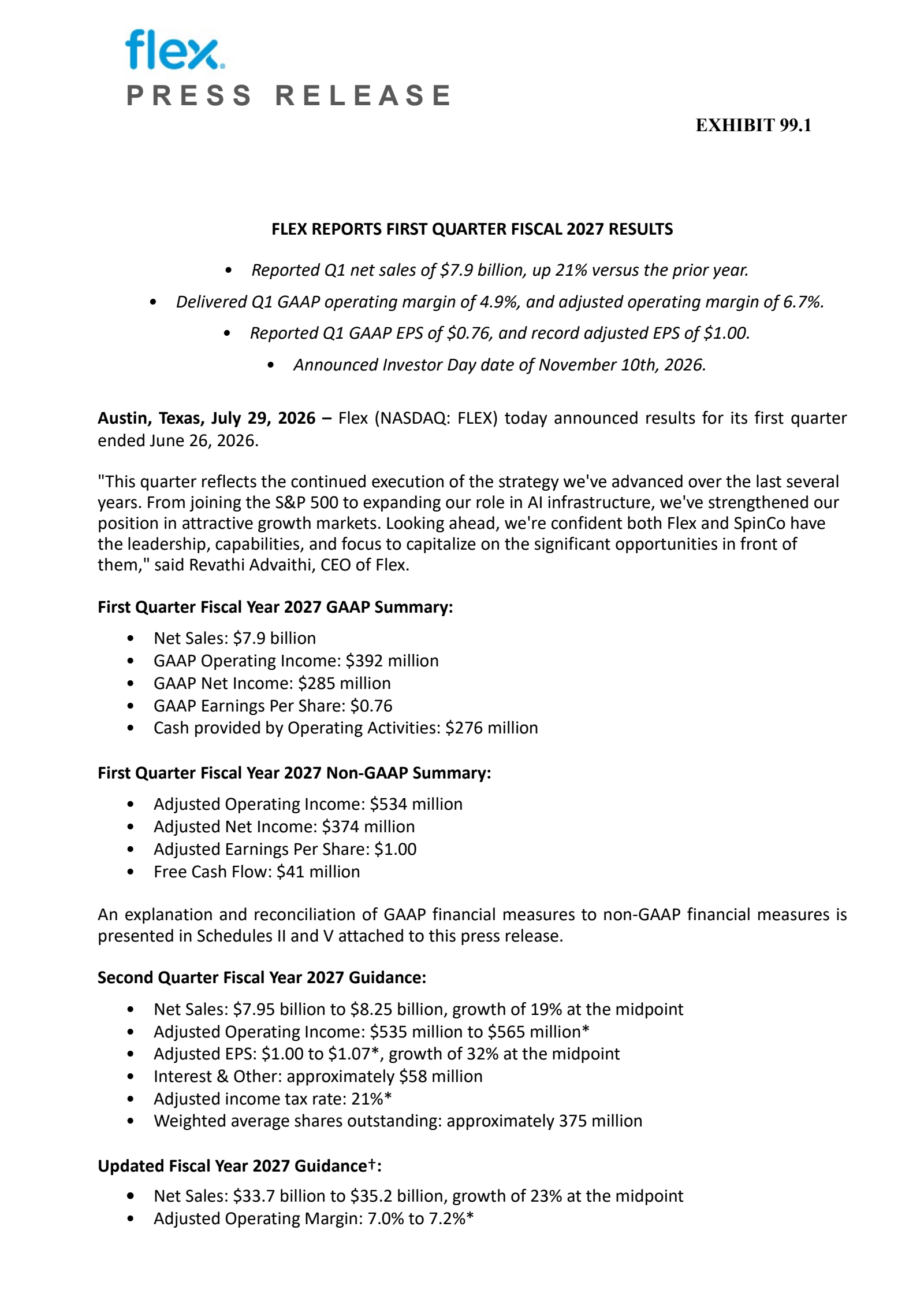 Flex's Q1 2027 Press Release