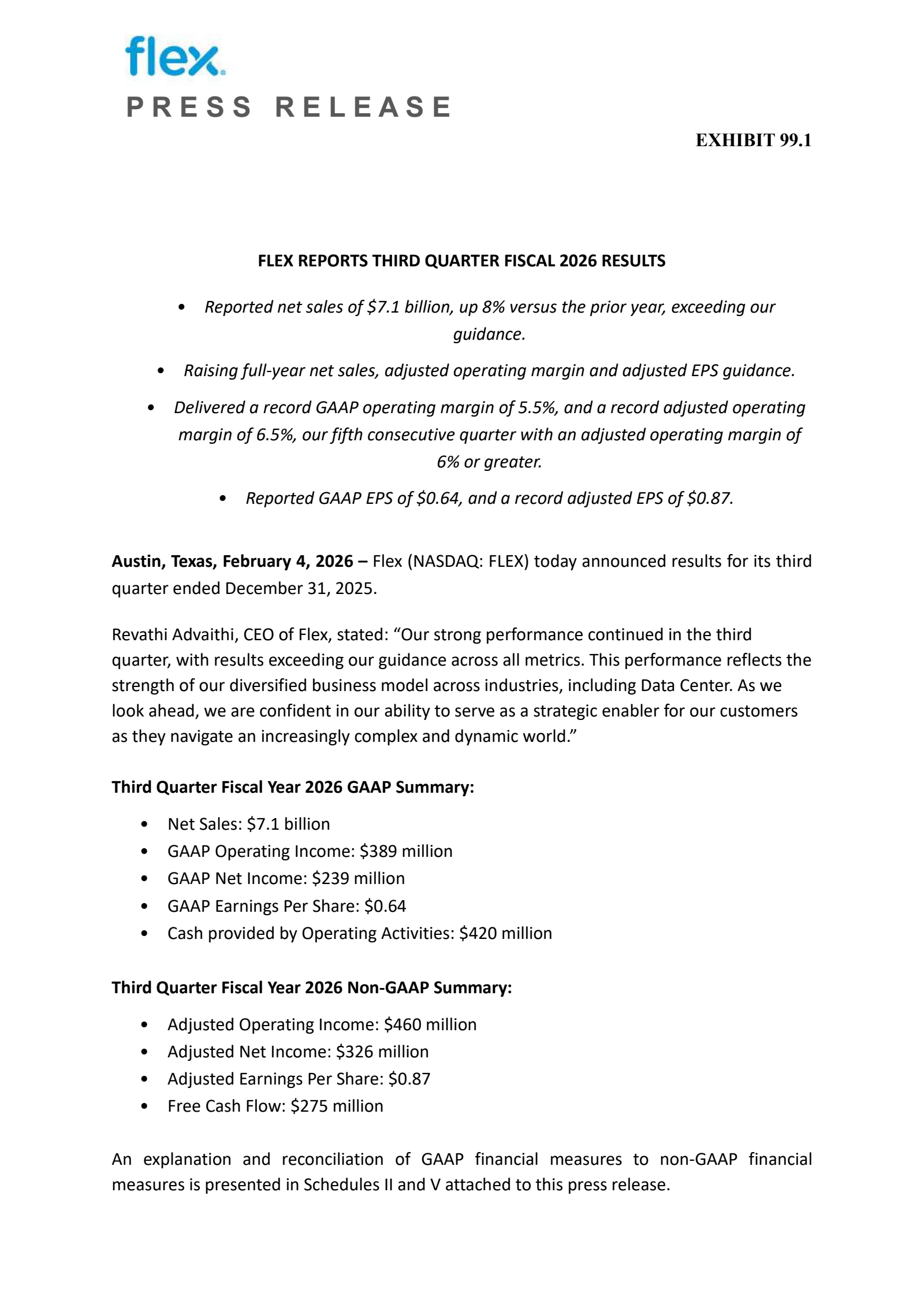 Flex's Q3 2026 Press Release