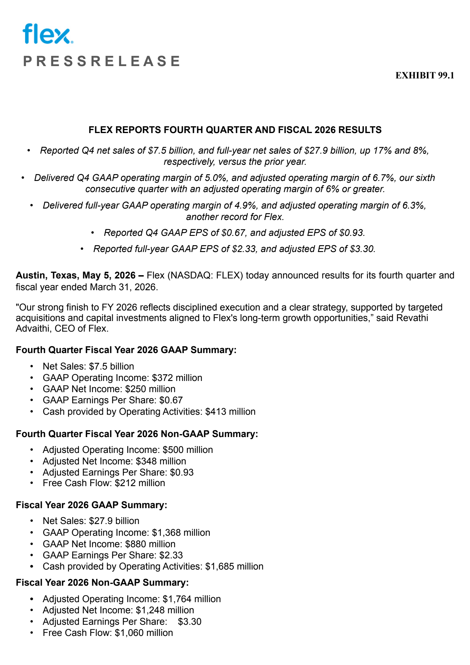 Flex's Q4 2026 Press Release