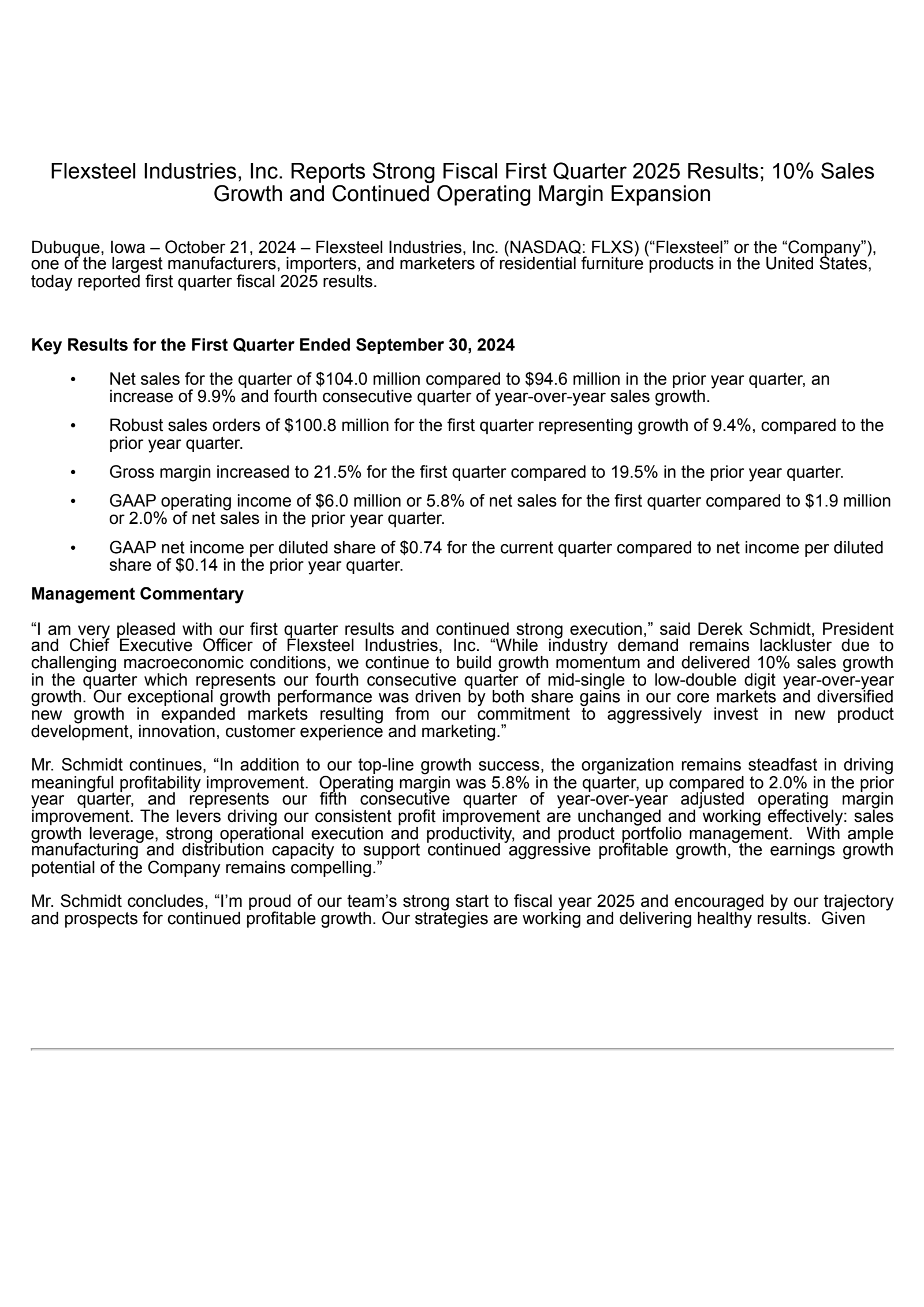 Flexsteel Industries' Q1 2025 Press Release