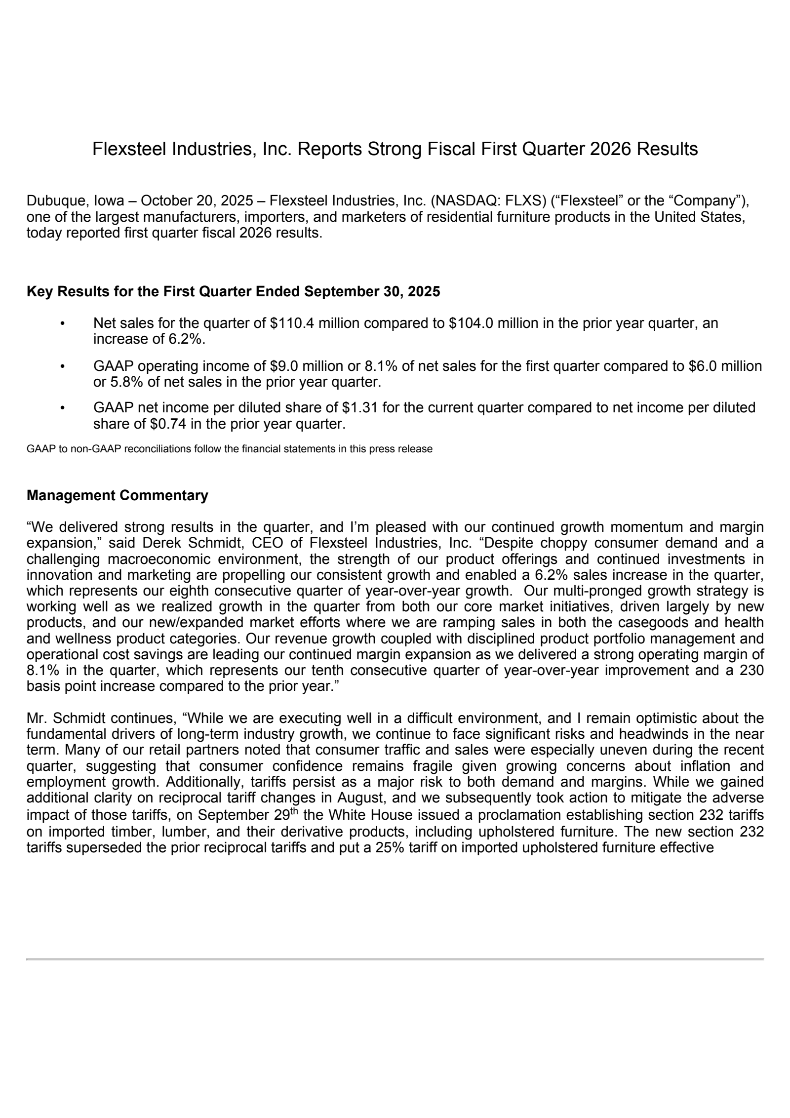 Flexsteel Industries' Q1 2026 Earnings Release