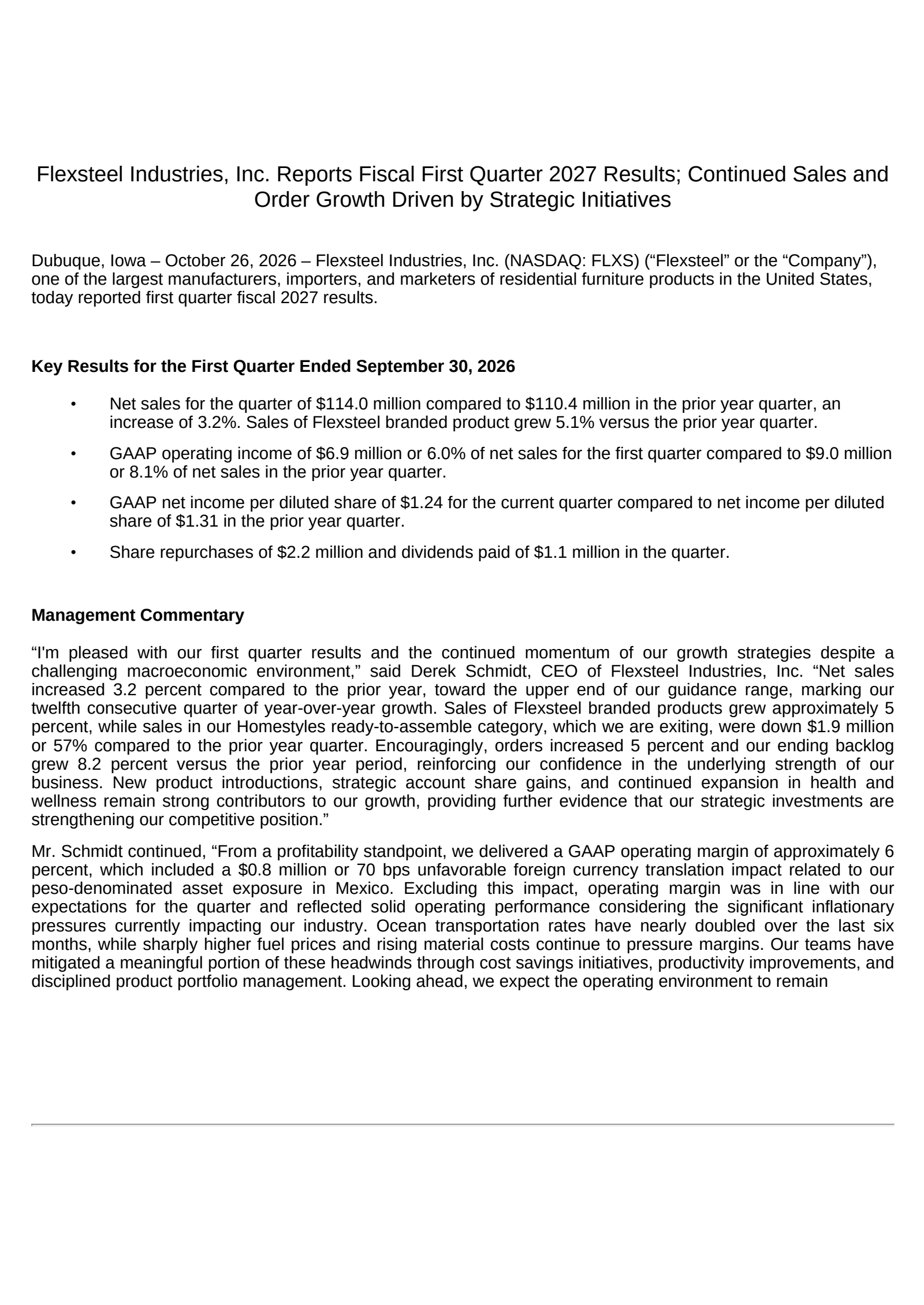 Flexsteel Industries' Q1 2027 Press Release