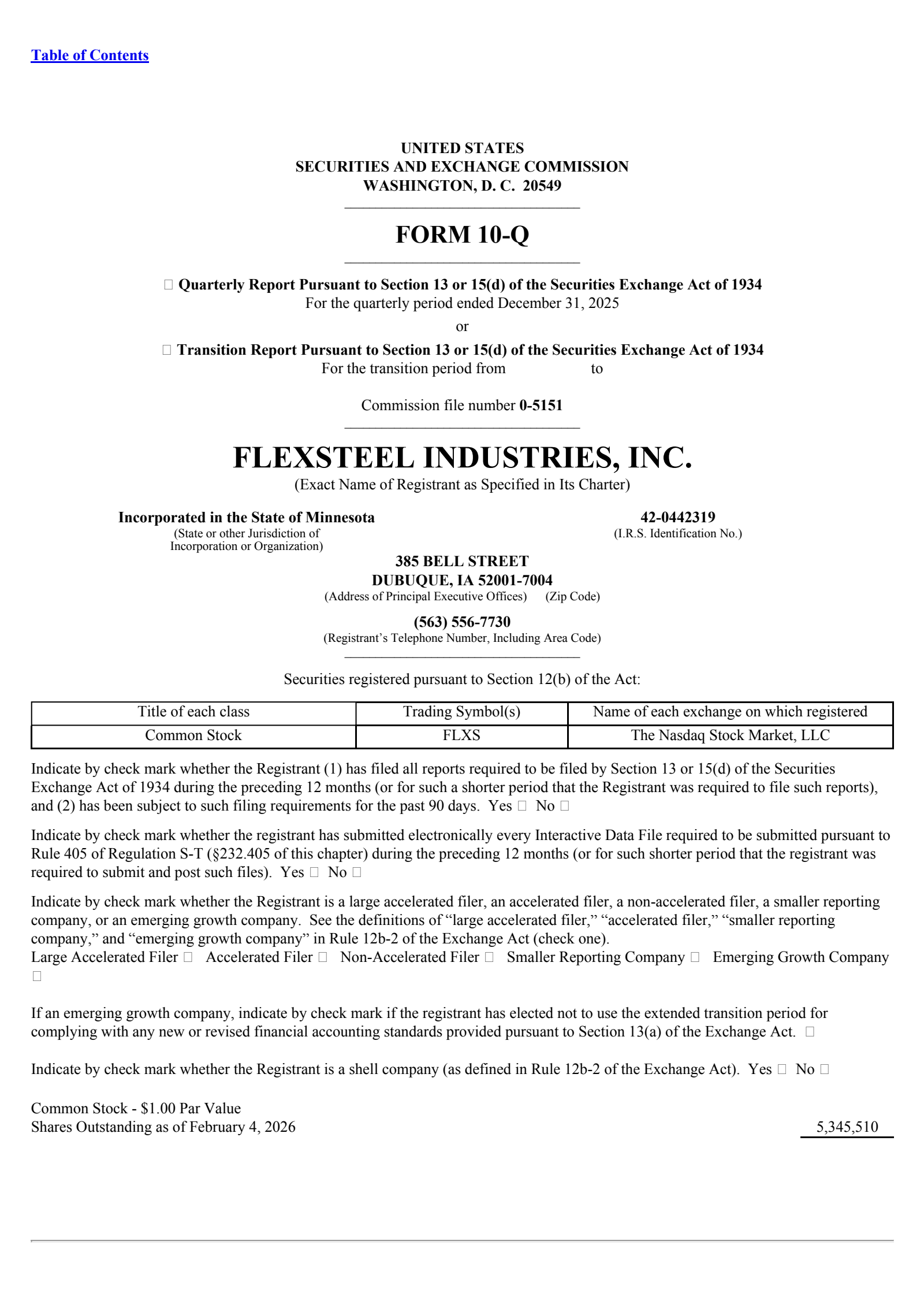 Flexsteel Industries' Q2 2026 Quarterly report