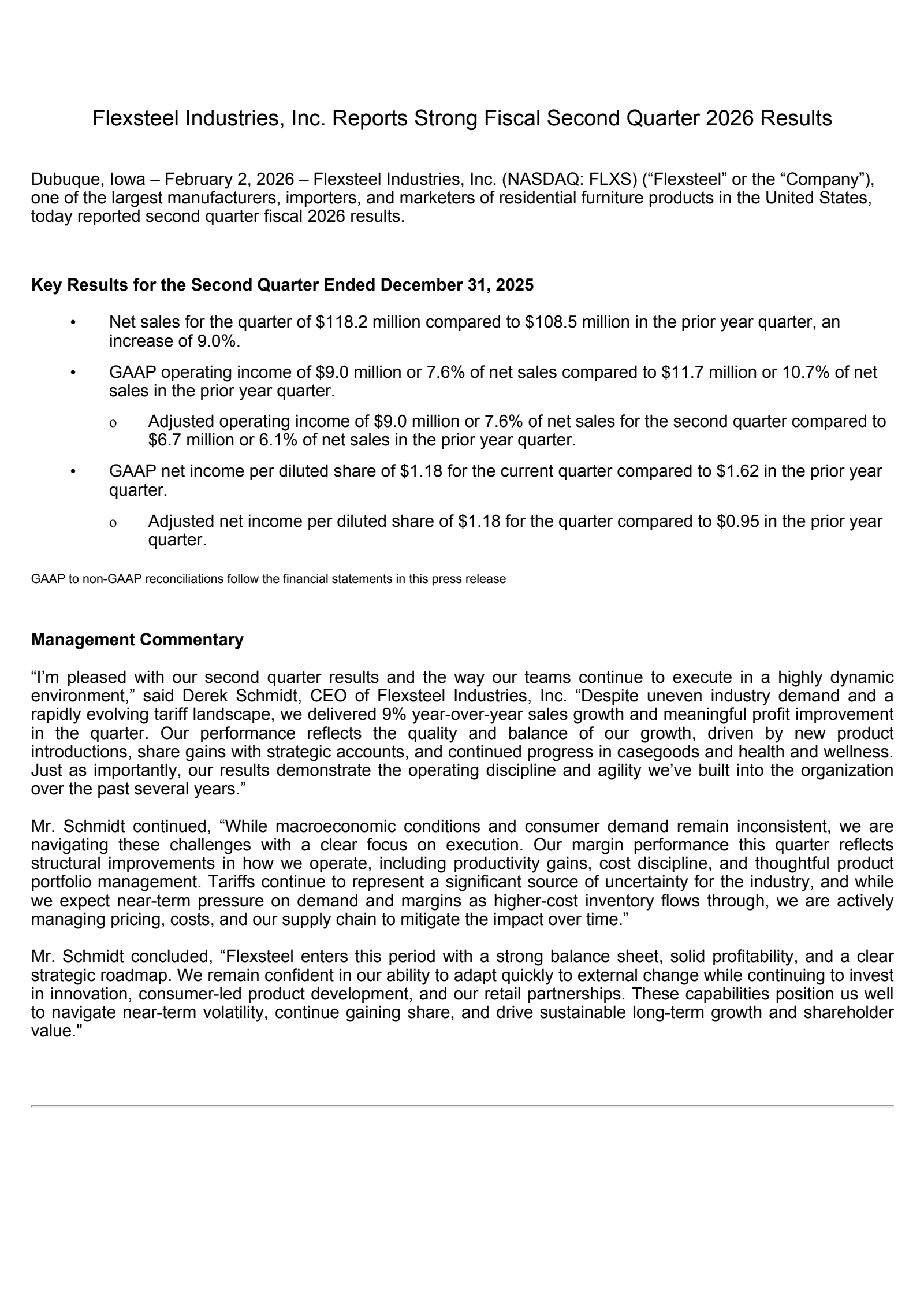 Flexsteel Industries' Q2 2026 Press Release