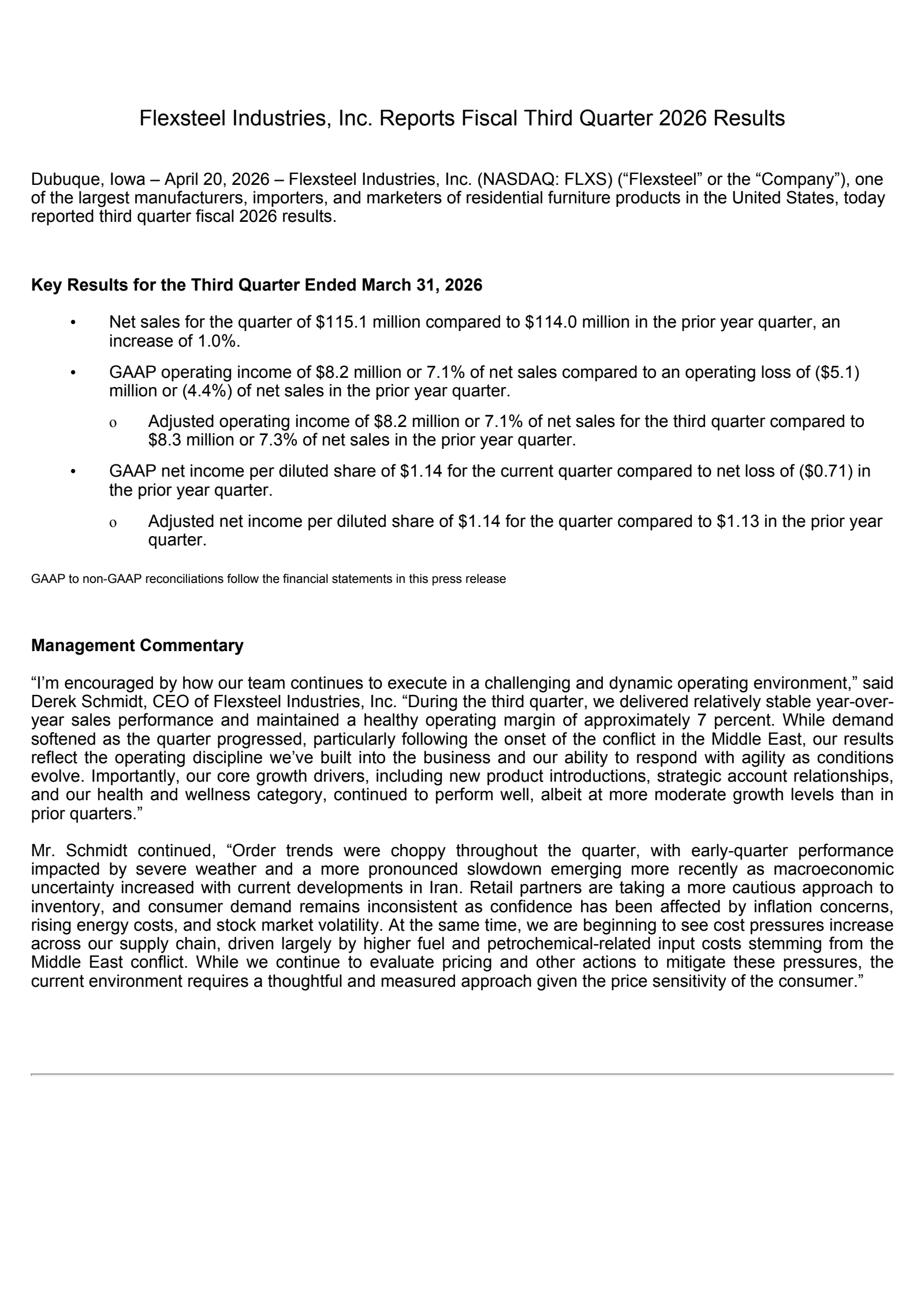 Flexsteel Industries' Q3 2026 Press Release