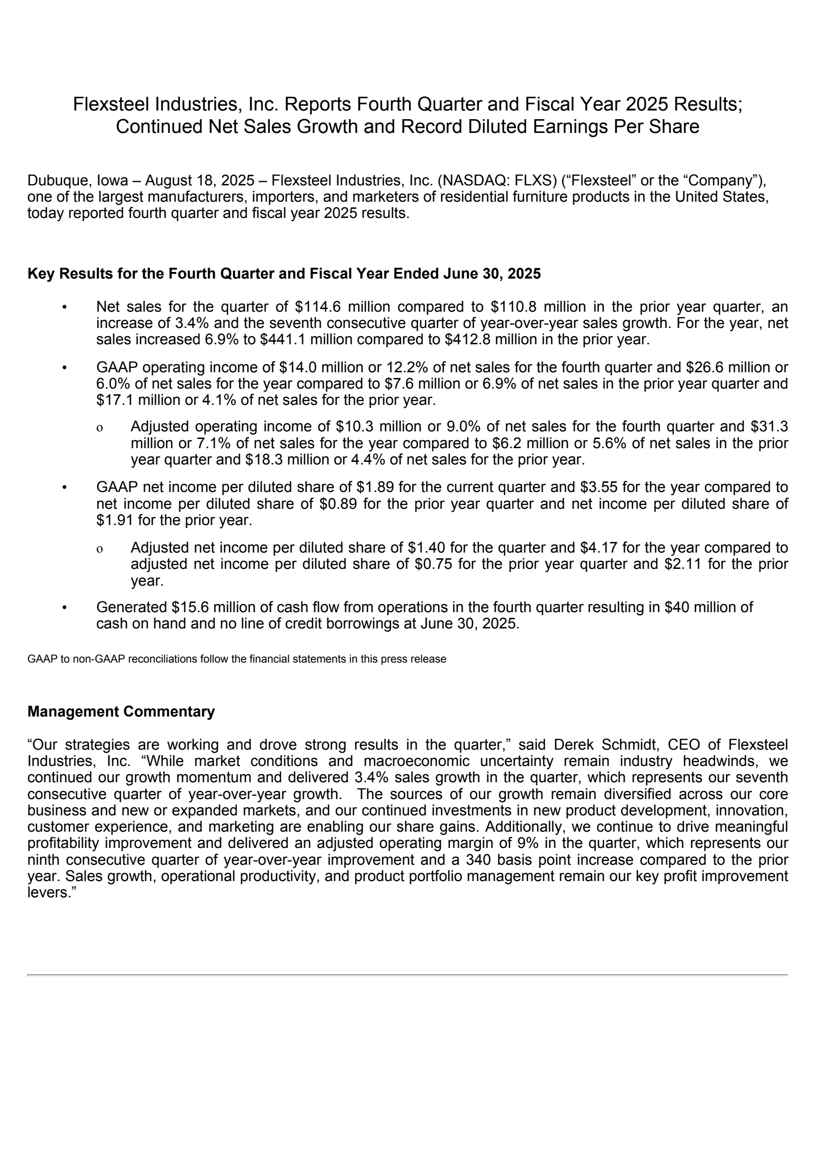 Flexsteel Industries' Q4 2025 Press Release