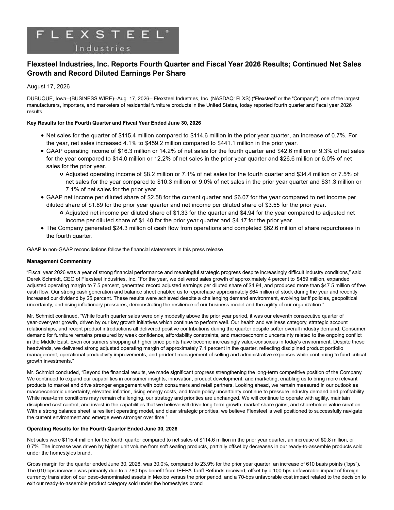 Flexsteel Industries' Q4 2026 Press Release