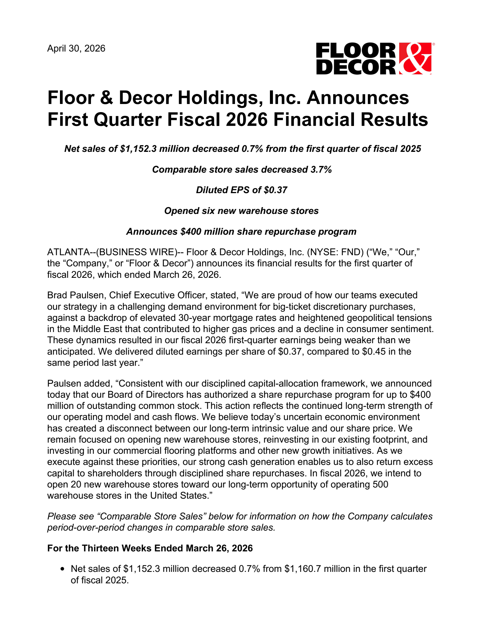 Floor & Decor's Q1 2026 Press Release