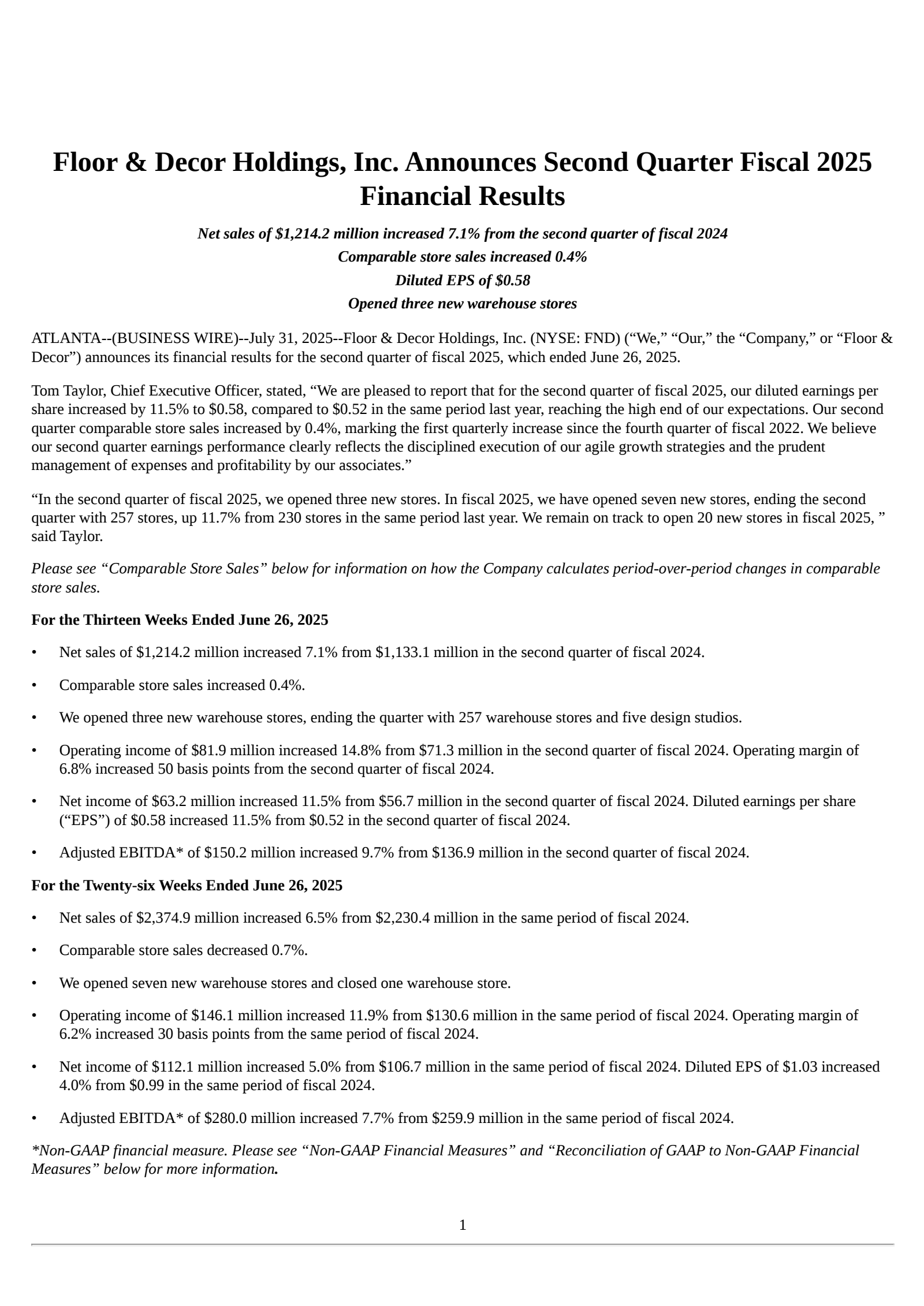 Floor & Decor's Q2 2025 Press Release