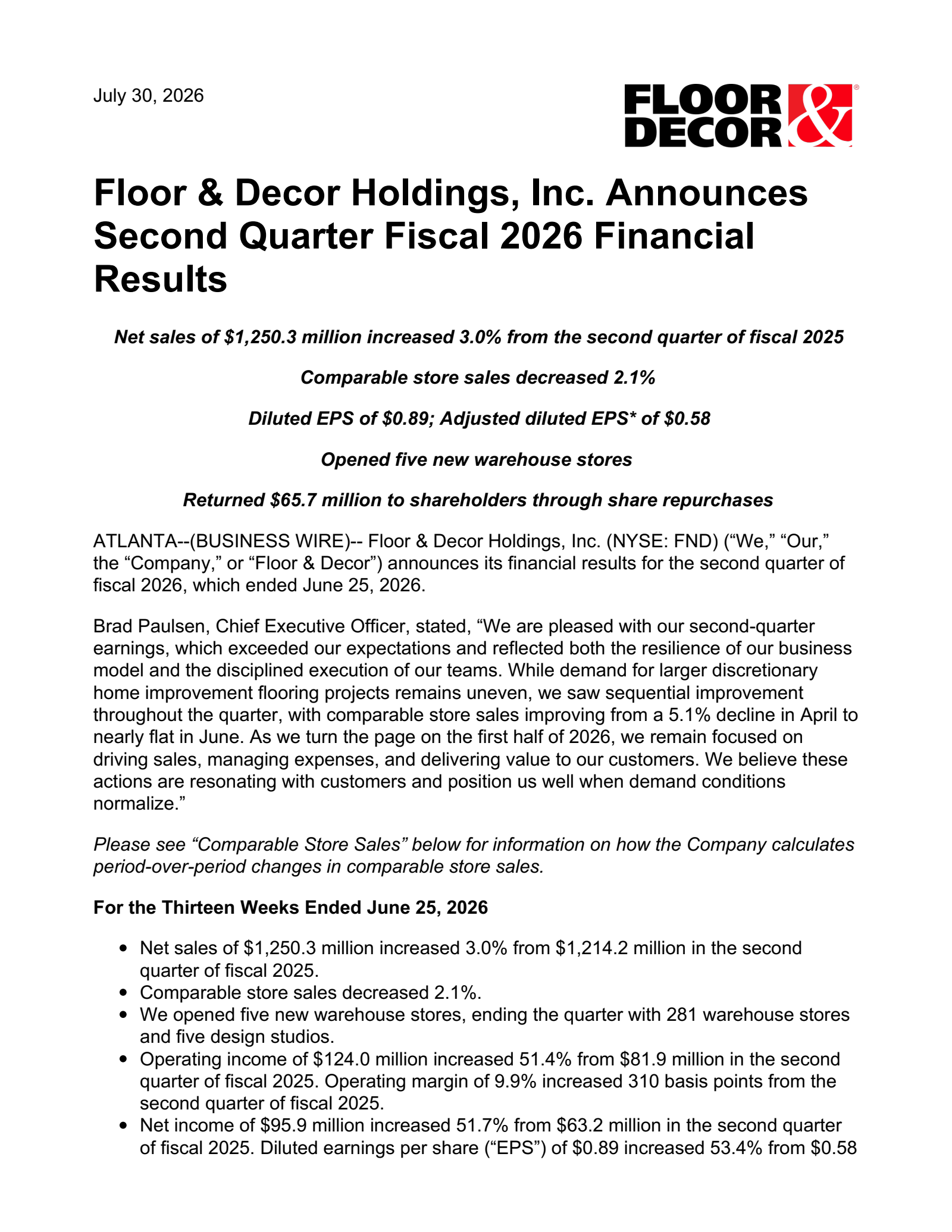 Floor & Decor's Q2 2026 Press Release