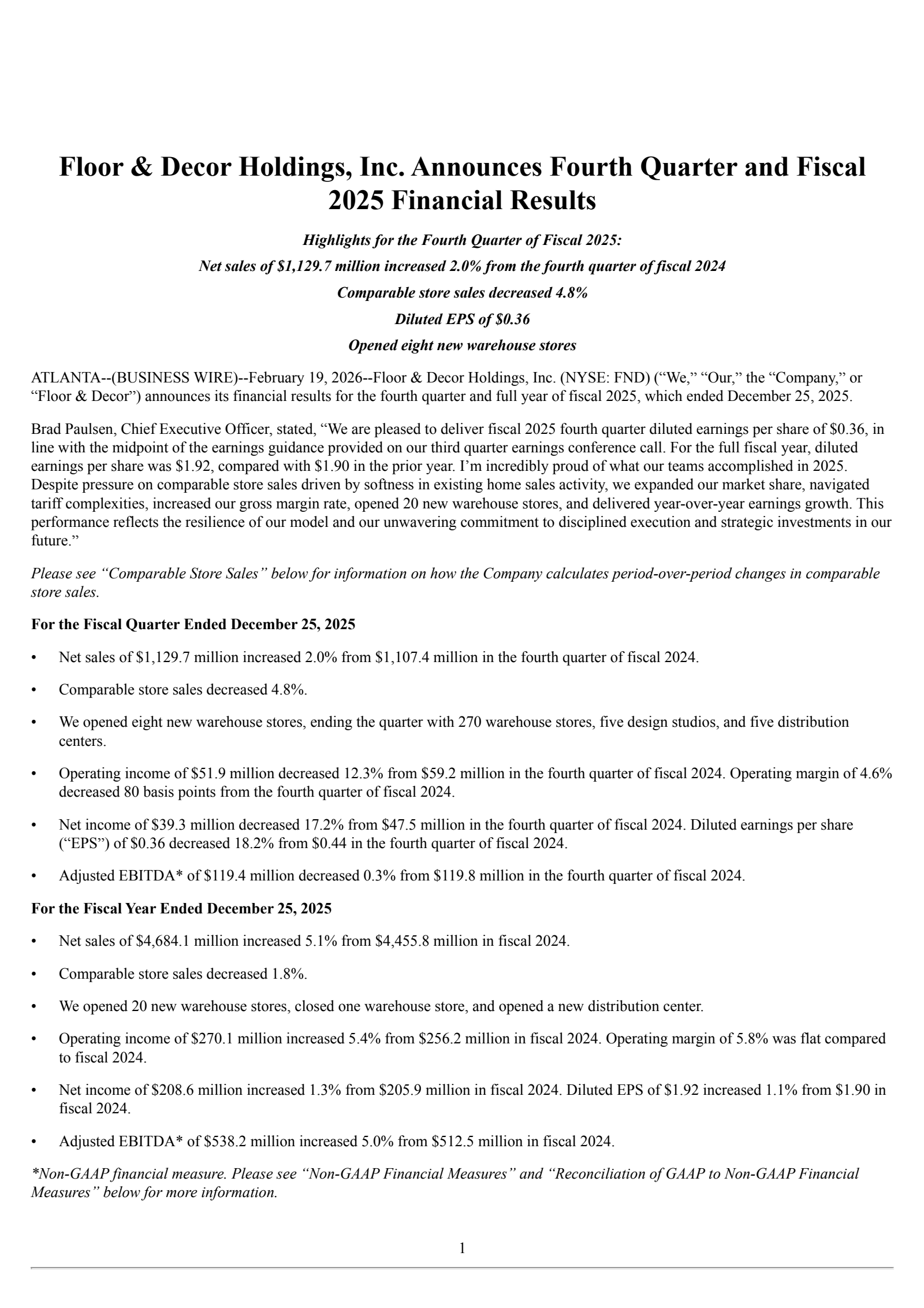 Floor & Decor's Q4 2025 Press Release